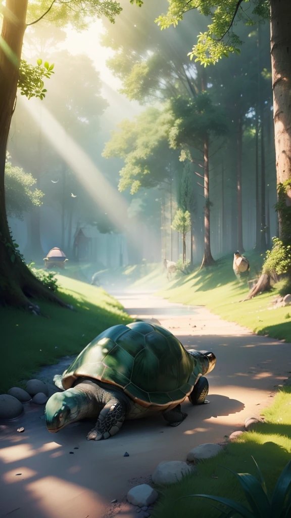 high resolution, turtle gathering,turtles in a lush grassy meadow,ultra-detailed,green grass,realistic lighting,sharp focus,nature,picturesque background,leisurely,fly-by-light style,bokeh,vibrant colors,pop of greenery,peaceful environment,lively scene,clear blue sky,scenic,turtle shell patterns,colored shells,different species of turtles,relaxing ambiance,depth and dimension,subtle shadows,sunlight filtering through the trees,serene atmosphere,tranquil surroundings,unity with nature,perfect harmony,natural beauty,pure bliss,grassy meadow,rich biodiversity,turtle community,turtle families,curious turtles,playful interaction,harmonious coexistence,blissfully unaware of spectators,journey of discovery,slow-paced life,turtle kingdom,majestic presence,enchanted meadow,awe-inspiring sight.