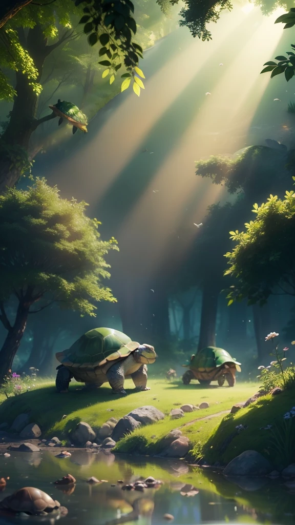 high resolution, turtle gathering,turtles in a lush grassy meadow,ultra-detailed,green grass,realistic lighting,sharp focus,nature,picturesque background,leisurely,fly-by-light style,bokeh,vibrant colors,pop of greenery,peaceful environment,lively scene,clear blue sky,scenic,turtle shell patterns,colored shells,different species of turtles,relaxing ambiance,depth and dimension,subtle shadows,sunlight filtering through the trees,serene atmosphere,tranquil surroundings,unity with nature,perfect harmony,natural beauty,pure bliss,grassy meadow,rich biodiversity,turtle community,turtle families,curious turtles,playful interaction,harmonious coexistence,blissfully unaware of spectators,journey of discovery,slow-paced life,turtle kingdom,majestic presence,enchanted meadow,awe-inspiring sight.