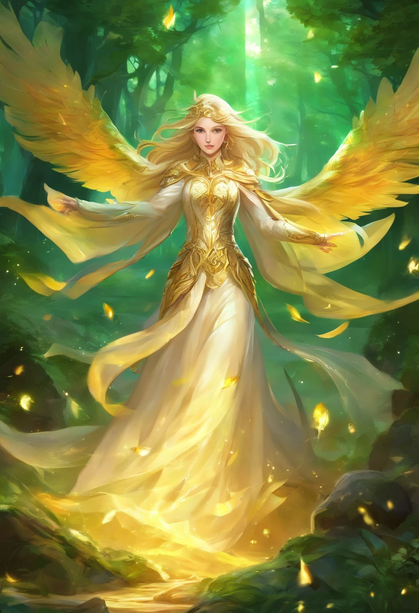 (((Masterpiece, Best Quality, High Definition, High Detail)))), ((((Fantasy)))), One, (Elf Woman)))), (White Short Skirt with Gold Embroidery), (Blonde Long Straight Hair), (Glow Dark Green Eyes), (Green Cloak Armor with Golden Embroidery), (Green Gauntlet with Golden Embroidery), Big, (Strong Wind), (Chanting with eyes closed)), ( A lot of glowing grains are flying), ((((Vortex of light gathers in the hand))), ((Circle of light with geometric patterns and letters drawn with light overhead))), (((Many glowing green arrows are released)), Forest, fight against the army of monsters