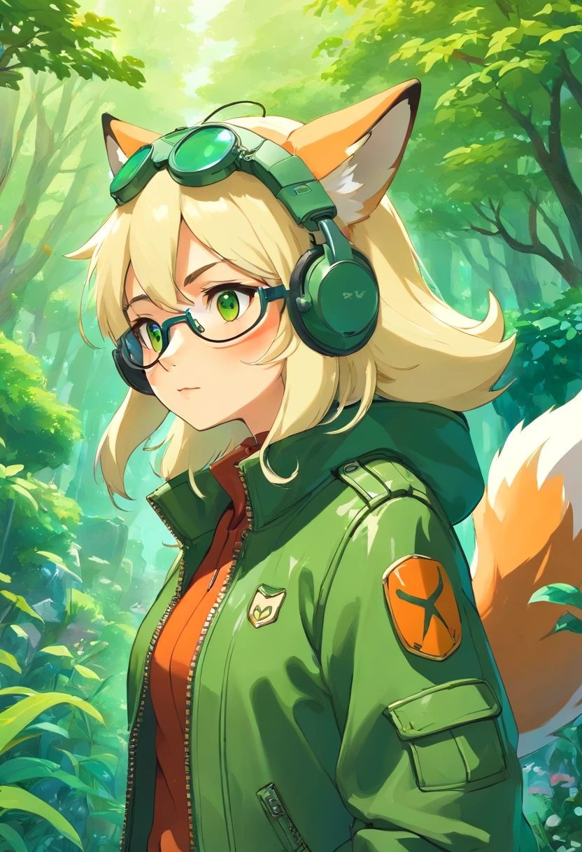 a, (fox girl) wearing an old leather (pilot jacket), pilot goggles, with david clark headset (green), in the style of tranquil gardenscapes, colorful animation stills, masami teraoka, aquamarine, paul gauguin, Embry style, honest portrayal