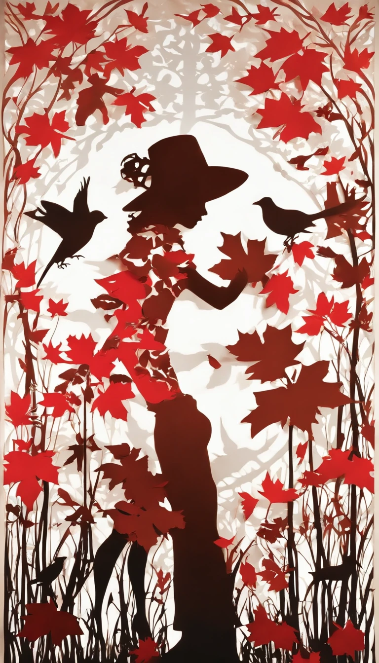 (Silhouette Art,cutouts:1.6)
(((Paper cutting art,A world where only black exists:1.3)
(Cowboy Shot),1 girl,Solo,
(Kimono Girl,profile:1.2),white, Clear and beautiful face,
BREAK
(Red autumn leaves)
Textured glass background,