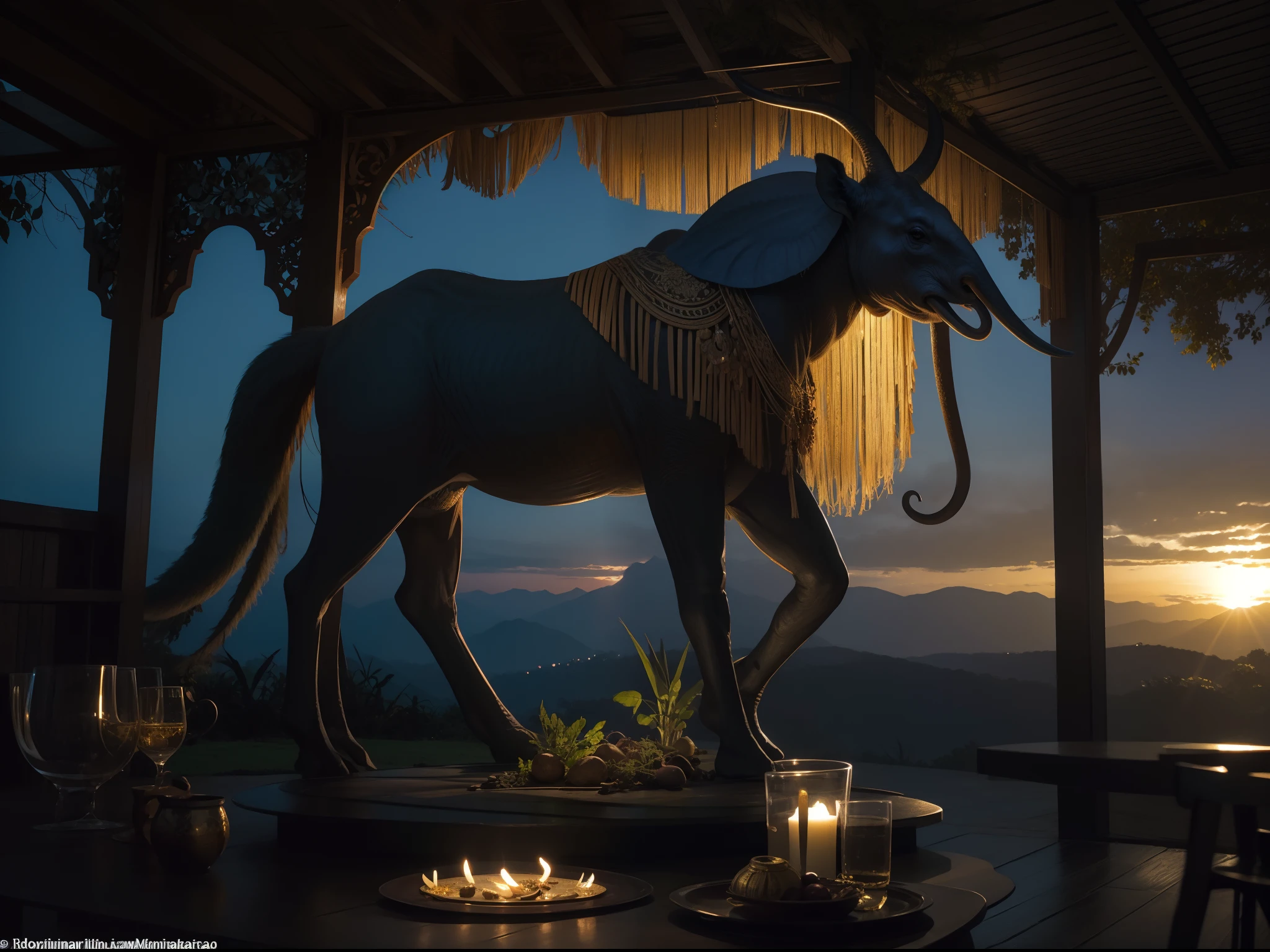 imagine uma cena de natureza-morta que homenageia a majestade da vida selvagem africana. In a setting reminiscent of the African savannah at sunset, carefully place a selection of elements. At the center of the composition, destaque uma escultura de elefante esculpida em madeira, majestosa e imponente. Ao redor do elefante, adicione uma variedade de elementos que evocam a vida selvagem, como chifres de rinoceronte esculpidos, uma concha de tartaruga marinha, exotic bird feathers and a hand-carved African tribal mask. The golden light of dusk enhances the intricate details of the objects and creates an atmosphere that pays homage to the rich African fauna