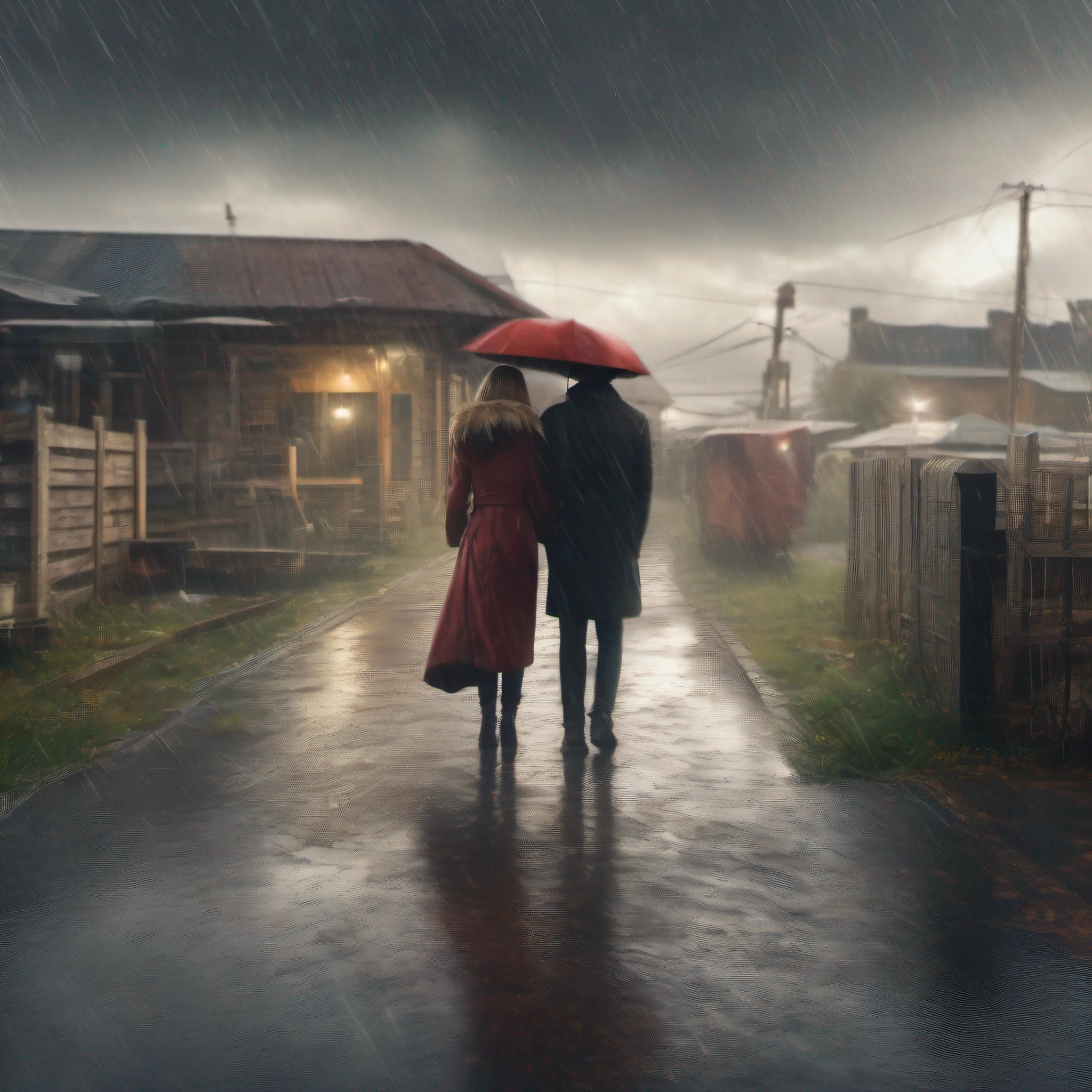 PORTRAIT OF A COUPLE IN RAIN CORE STYLE. UHD, HDRI. Ultra HD, photorealistic, 32k, --AR 16:9, --v 5.2, -- s 255, --CHAOS 0, --seed 7371