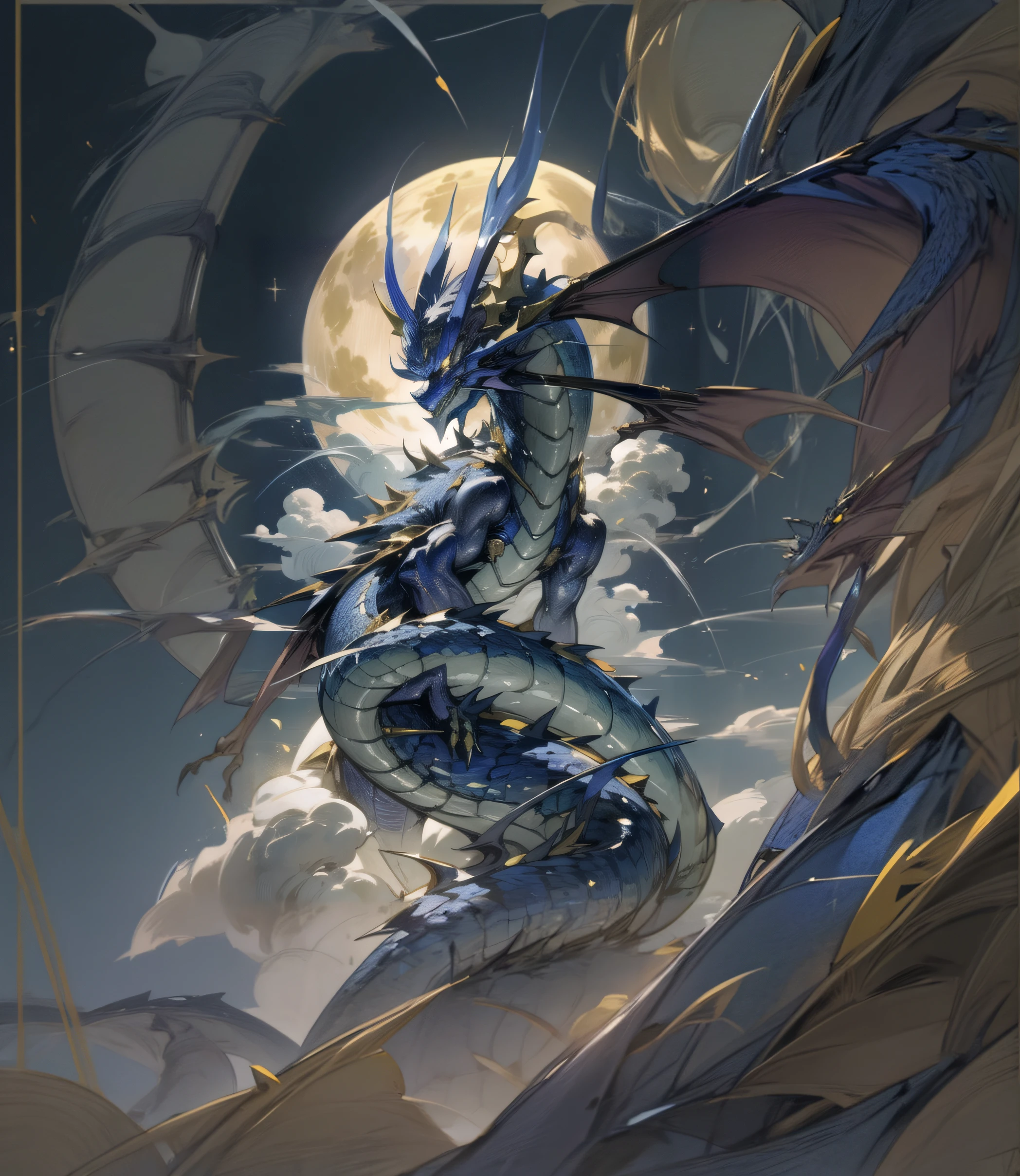 ((lapis lazuli dragon)), japanese dragon, oriental dragon, mist, one, (flying), (one head), looking down, (one head), looking at camera, full moon, blue dragon flying in sky against full moon, blue scaled dragon, blue dragon, giant dragon in background, by Yang J, ArtStation pixiv trends, highly detailed official artwork, legendary dragon, 8k high quality detail art, dragon moshot art, dragon art, giant dragon in background, ron, detailed digital animation art