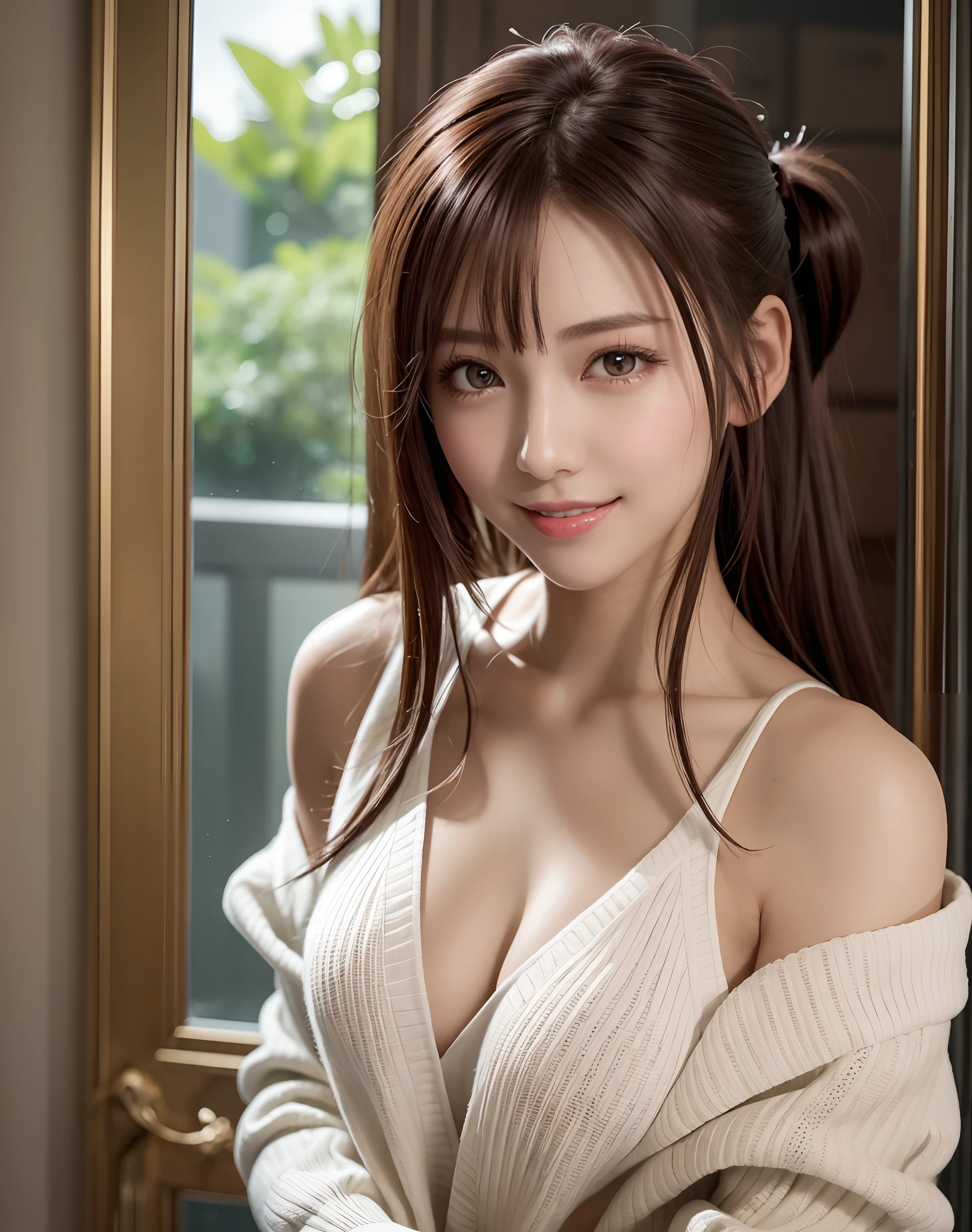 (Best Quality), (masutepiece), (High resolution), (Intricate details:0.2),(Professional Lighting), dressing gown, Detailed background,off shoulders, (Previous view), 1girl in, Solo, (Beautiful face),  Slim body, Fine skin, Smile, brown hair in a ponytail, Beautiful eyes,  look at at viewer,