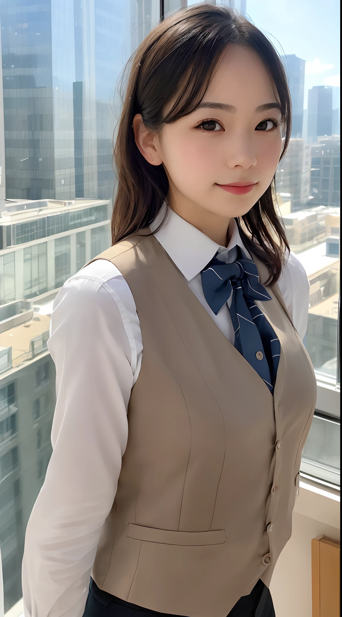 1girl, matured female, vest, bow, photo, realistic, best quality, hires, detailed face, office, buildings from window, detailed background, diffused sunlight, depth of field, bokeh