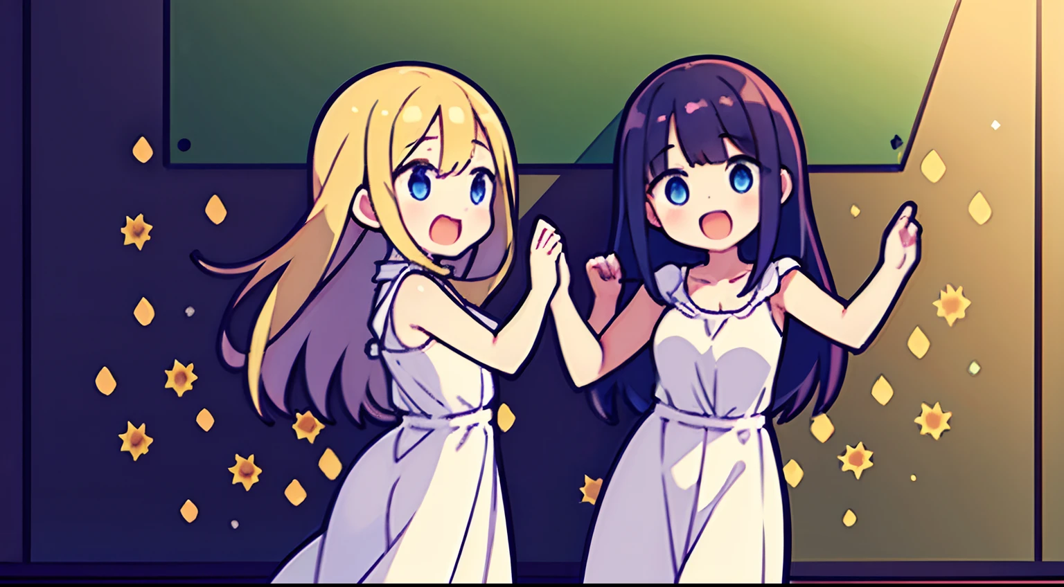 Two girls standing in front of a painting、laugh face、Water droplets on the cheeks、Dance Practice、Revolutions、bustup、Eye Up、Flowing iridescent silk、Sunflower petals