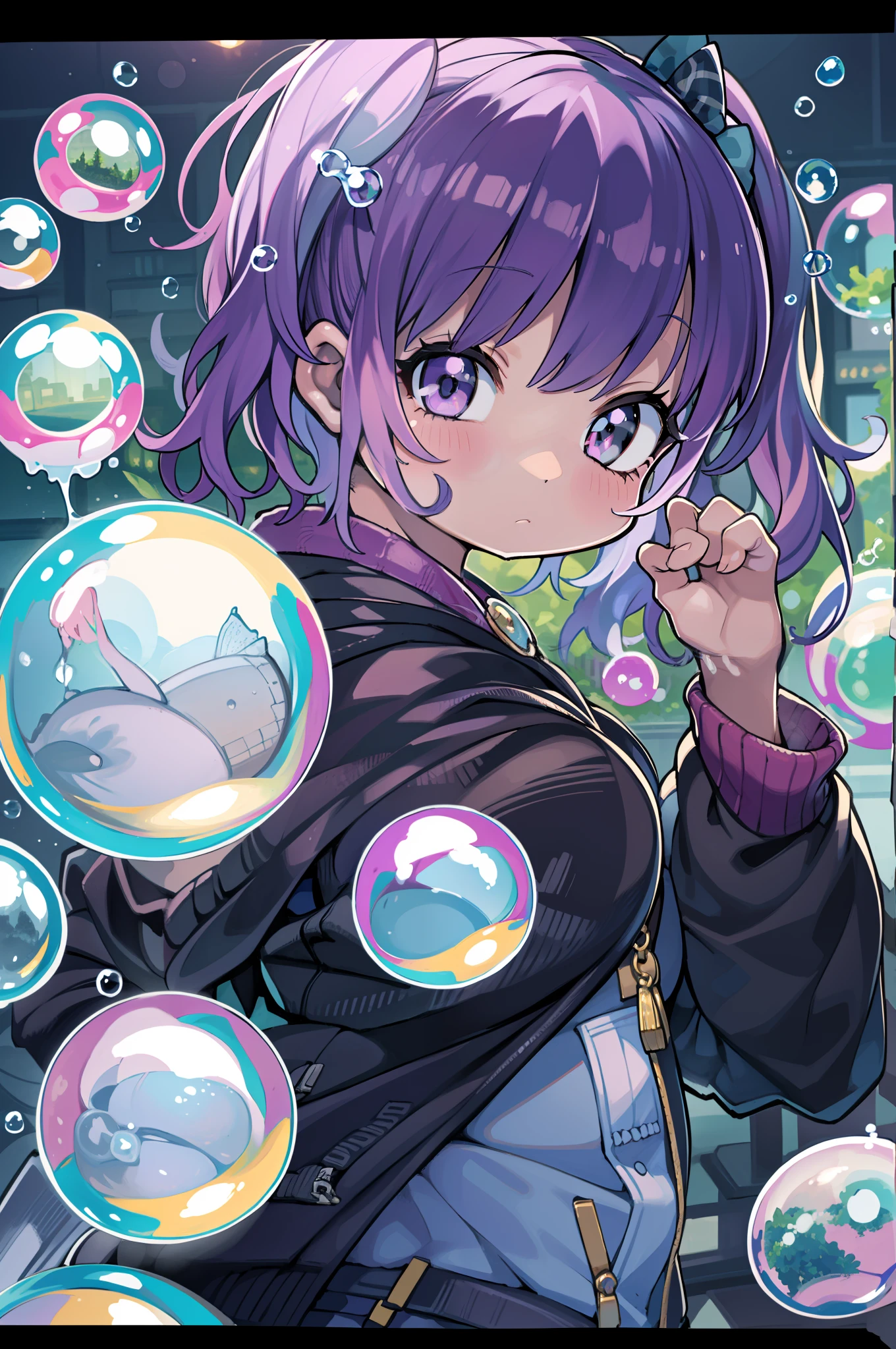 Solo, 1girl in, Purple eyes, Purple hair, Bubble, Looking at Viewer, Portrait, Half-closed eyes, Short hair, Closed mouth,Glossy foam,Bubbles, Colors that shine in bubbles, Reflective bubbles,Bubbles ,bubbles around, Turning into a bubble