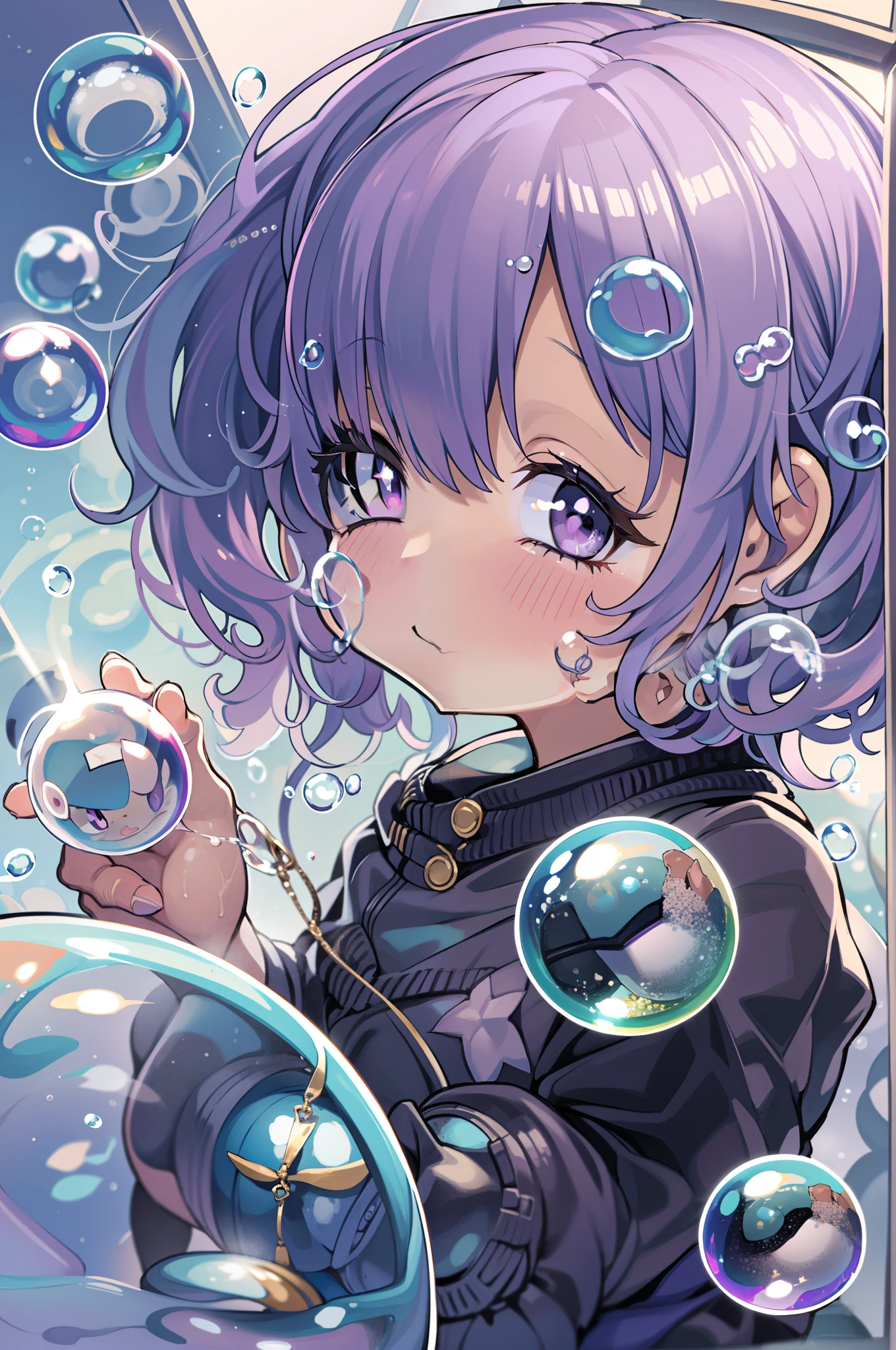 Solo, 1girl in, Purple eyes, Purple hair, Bubble, Looking at Viewer, Portrait, Half-closed eyes, Short hair, Closed mouth,Glossy foam,Bubbles, Colors that shine in bubbles, Reflective bubbles,Bubbles ,bubbles around, Turning into a bubble