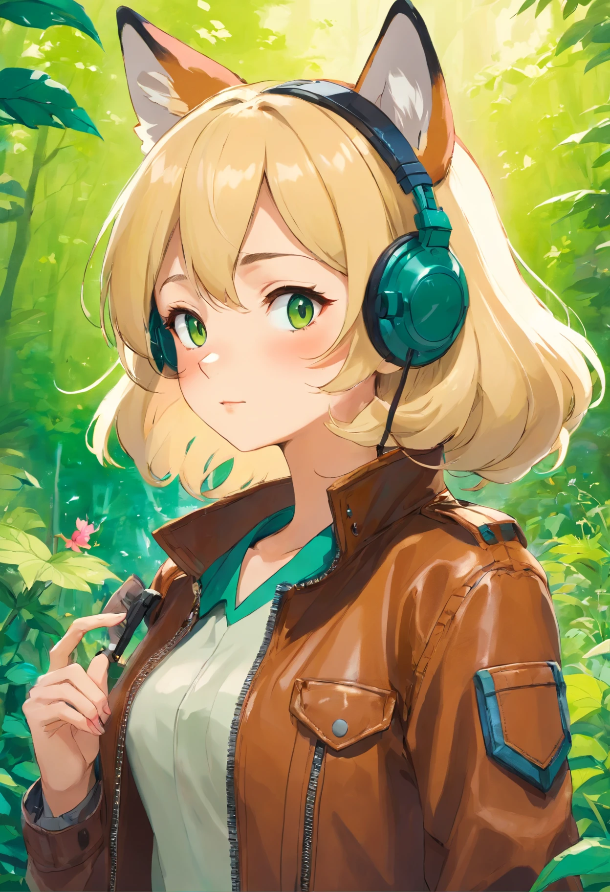 a, (fox girl), blonde, wearing an old (brown) leather (pilot jacket), pilot goggles, with david clark headset (green), in the style of tranquil gardenscapes, colorful animation stills, masami teraoka, aquamarine, paul gauguin, Embry style, honest portrayal