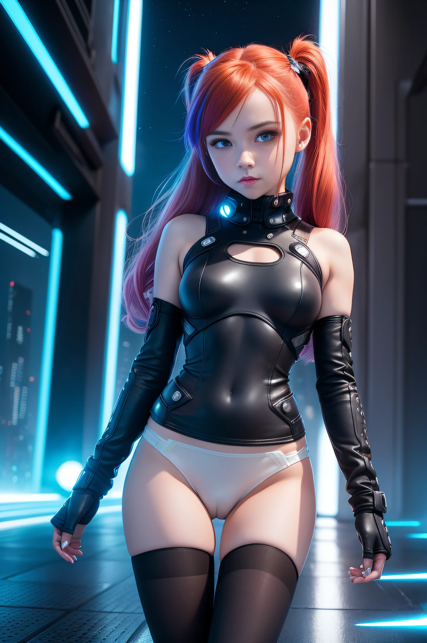 1 girl, solo, (nsfw), cute redhead 18-year-old girl in twin tails, ((perfect female body)), (cute face make up), multiple (rainbow colored hair: 1.2), (beautiful detailed blue eyes: 1.6), (photo realistic eyes: 1.6), happy, Ukrainian, (petite body), ((small hips)), pale white skin, (mini skirt and tube top), (matte pantyhose: 1.6), (("TRON LEGACY futuristic city" style background)), (night time:1.2), photo realistic.