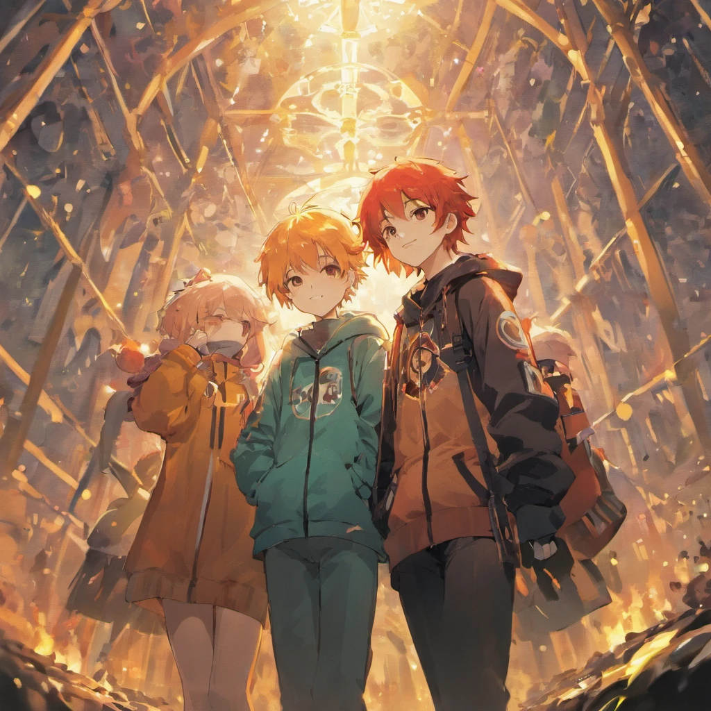 Wearing a mushroom cap、Boy Duo、twinks、man with white hair、Man with red hair、Cross your shoulders、Have a game controller、A smile、parka、video game、