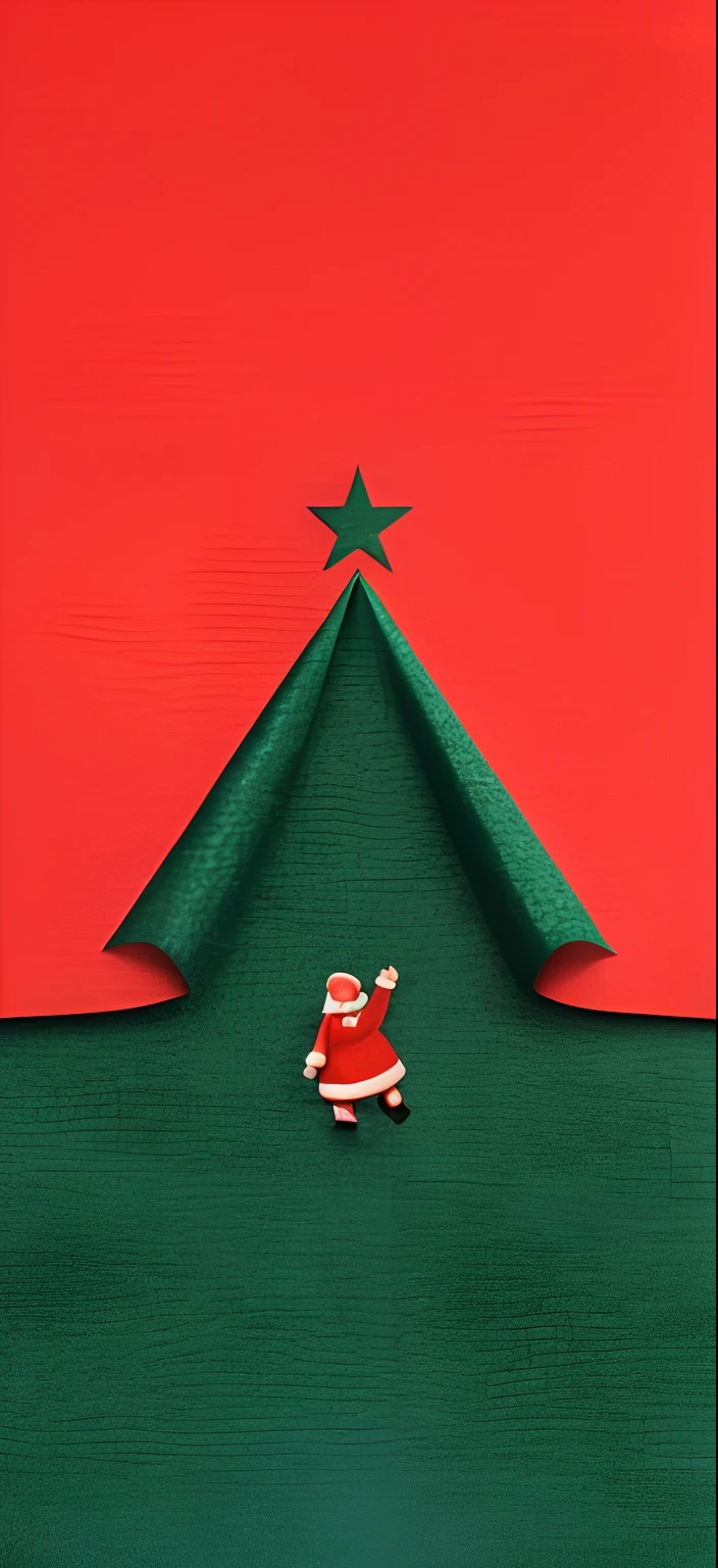 In front of the Christmas tree stands a small toy Santa Claus, festivity, Christmas, Christmas tree, illustration!, santa, santa, stop-motion, ilustration, Holiday, Red flag holidays, stop-motion, inspired by Ernest William Christmas, author:Andrew Wroblewski, santa, author:Elaine Hamilton, Extremely high quality