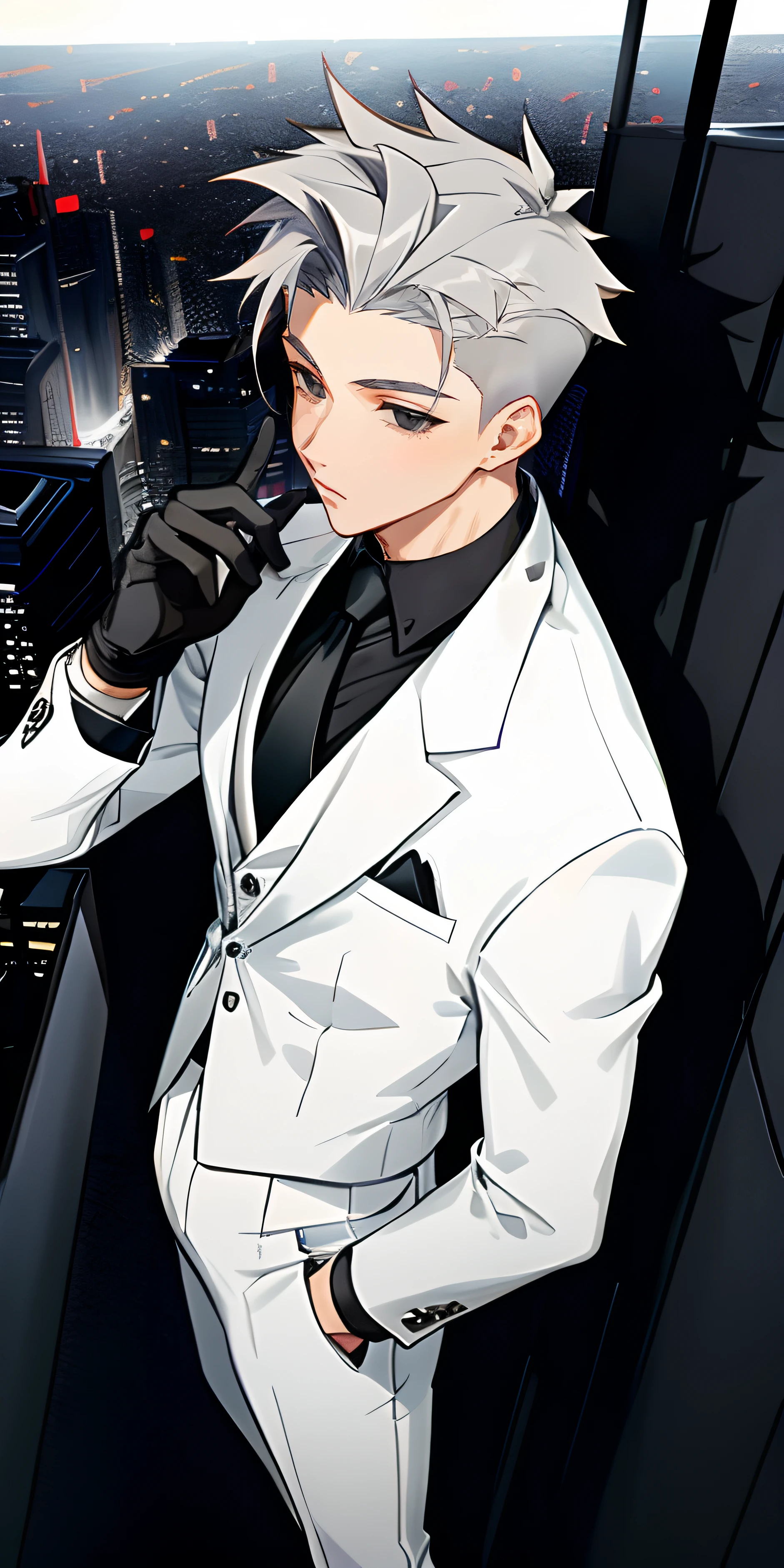 1male, adult black eyes, short grey hair, white suit and tie, black gloves, city , modern undercut hair , messy hair