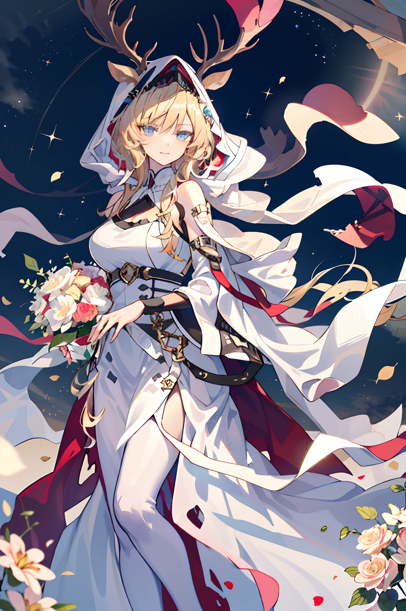 (tmasterpiece、top-quality、illustratio、Extremely high quality、high-level image quality、Extremely sensitive writing)Blonde girl standing in beautiful flower garden、A slight smile、She has a large bouquet、Cute national costume style dress,There are ruffles on the shoulders、Hair fluttering in the wind