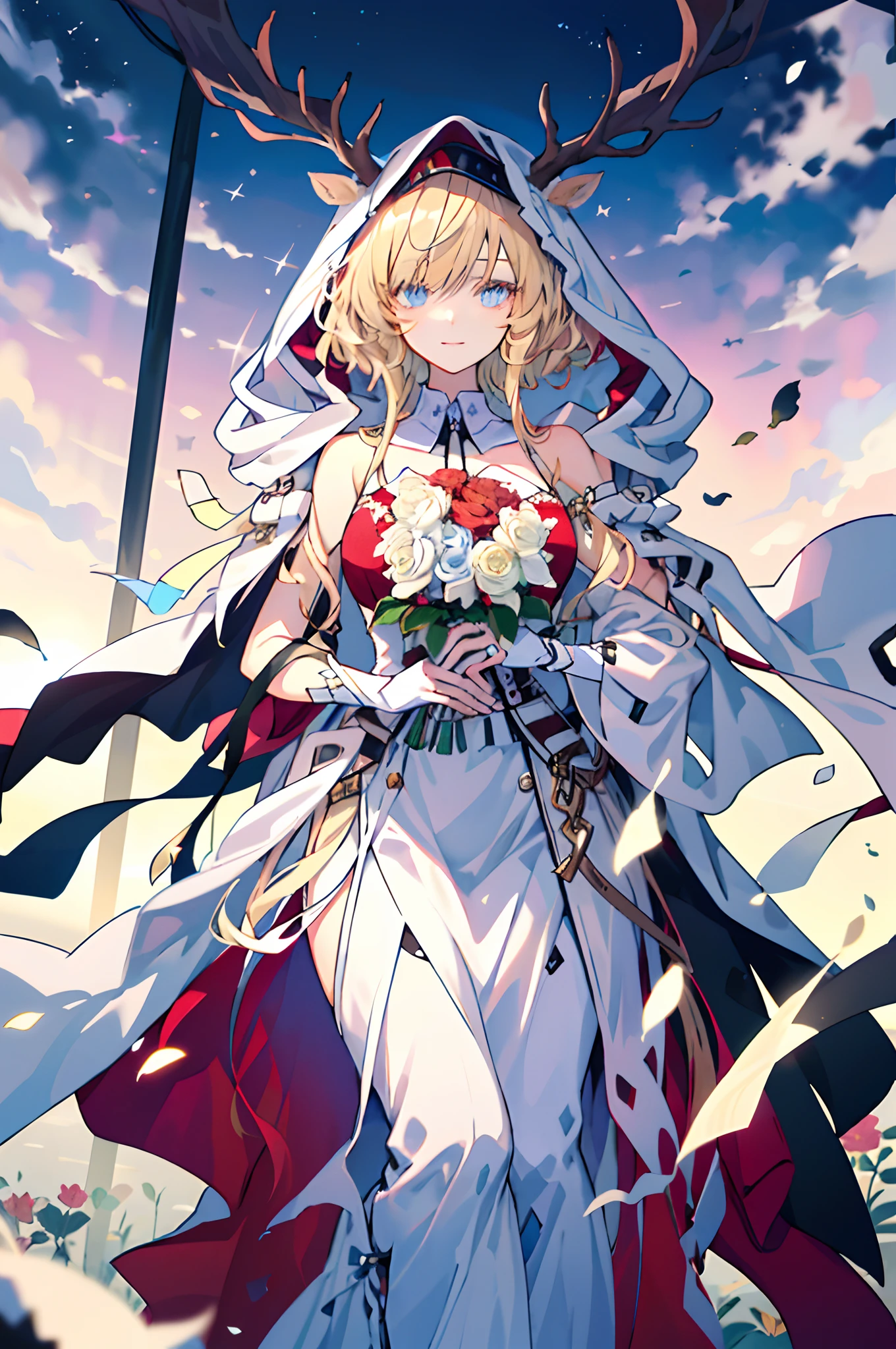 (tmasterpiece、top-quality、illustratio、Extremely high quality、high-level image quality、Extremely sensitive writing)Blonde girl standing in beautiful flower garden、A slight smile、She has a large bouquet、Cute national costume style dress,There are ruffles on the shoulders、Hair fluttering in the wind