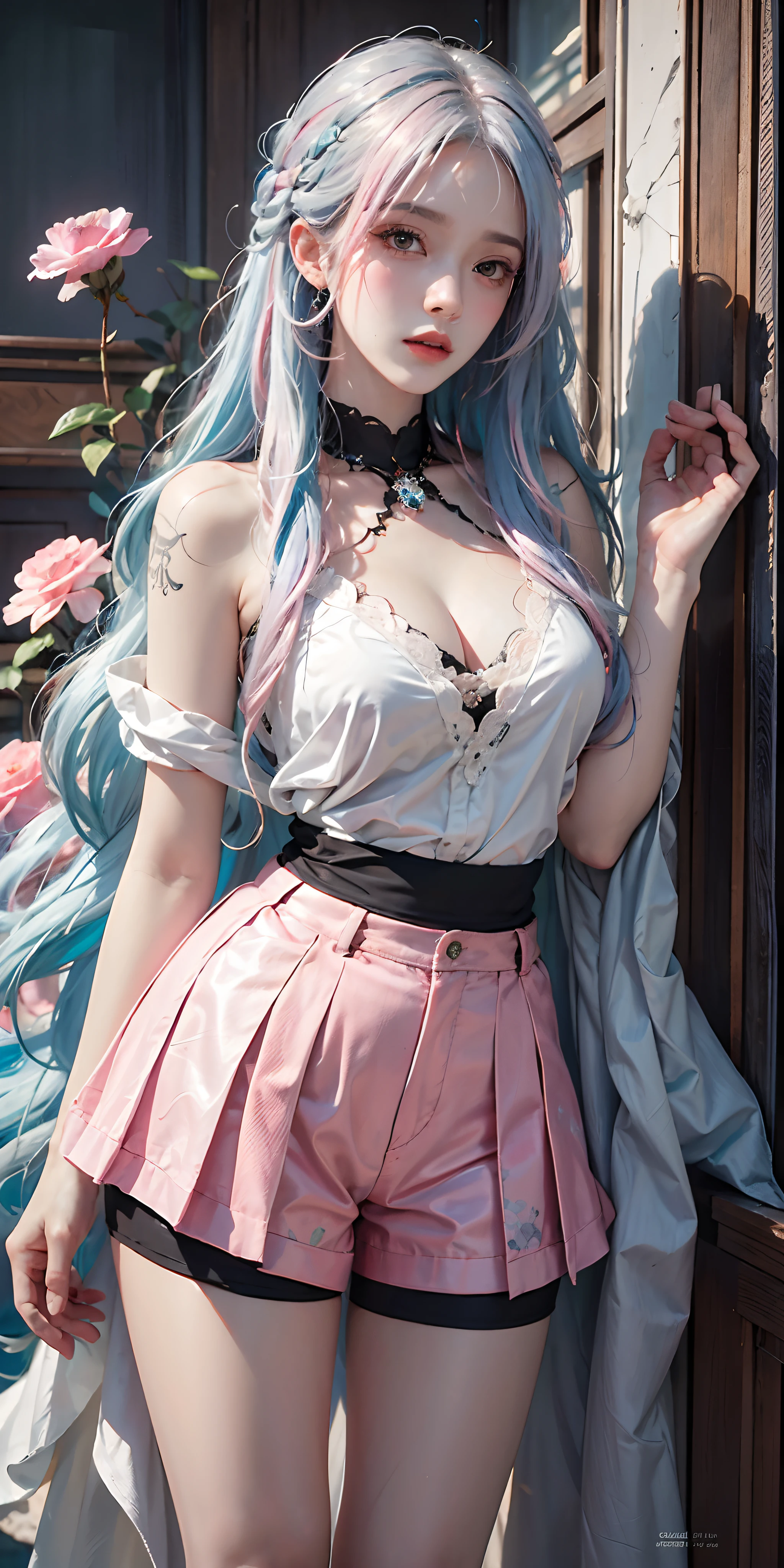 Best quality, masterpiece, ultra high res, raw photo, beautiful and aesthetic, deep shadow, fairy theme,(ultra detailed:1.3),
1girl, sexy pose, headdress, (beautiful face, detailed eye, embarrassed), drill hair, long hair, blonde hair, gradient hair, yellow eyes, solo, (busty breasts, gigantic breasts:1.1), big hair, blue hair, divine goddess, looking at viewer, indoors, modern bedroom, room full of curtain, astraea, full body, Sweet girl clothes6,print dress