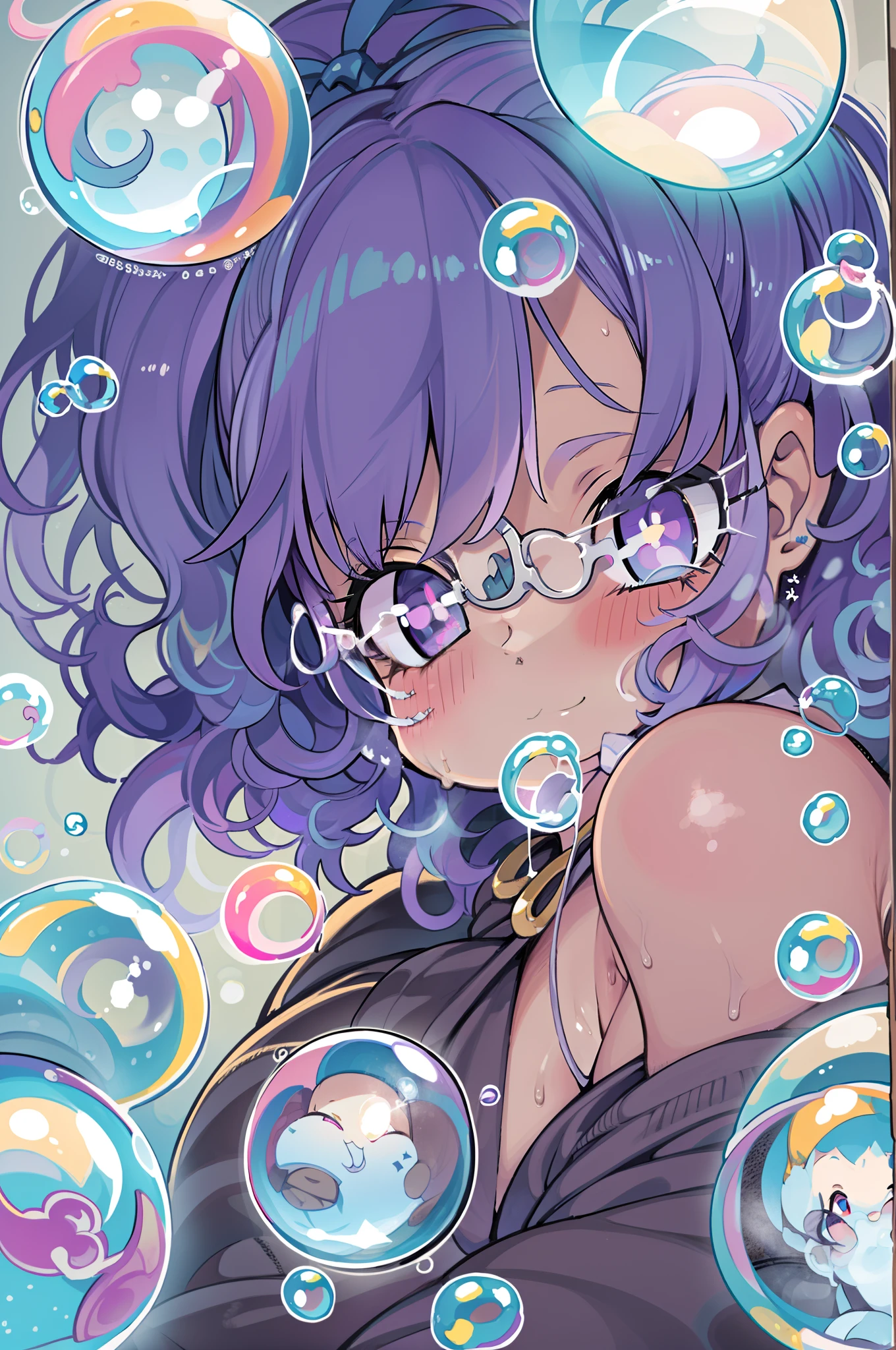 Solo, 1girl in, Purple eyes, Purple hair, Bubble, Looking at Viewer, Portrait, Half-closed eyes, Short hair, Closed mouth,Glossy foam,Bubbles, Colors that shine in bubbles, Reflective bubbles,Bubbles ,bubbles around, Turning into a bubble、huge-breasted、thick thight、big butts