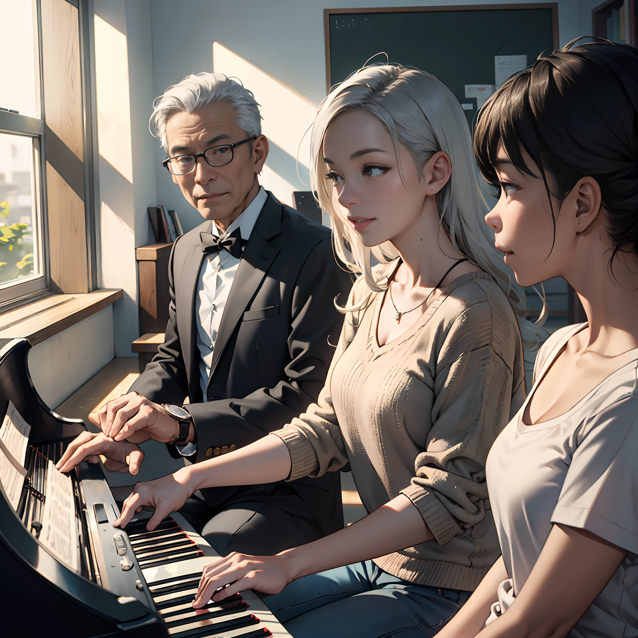 In bright classrooms,(An older Asian male teacher teaches two elementary school students to play the piano:1.5),The teacher's face is full of the vicissitudes of time,Full of silver hair,Watch your classmates smile toothyly,Sunlight shines through the window on the teacher's face,((Best quality, A high resolution, Masterpiece:1.2)), Clear facial features, Optimized details,8K,cinematic Film still from.