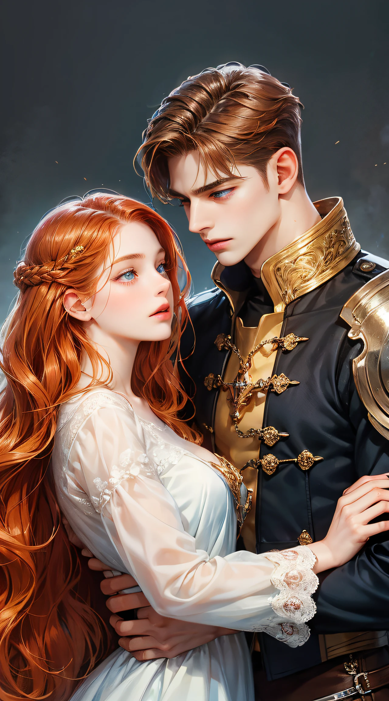 Couple, 1 girl 1 boy, different hair color, long redhead wavy hair and blue eyes, brown undercut hair and yellow eyes, romance, romantic, height different, fantasy, detailed eyes, simple background