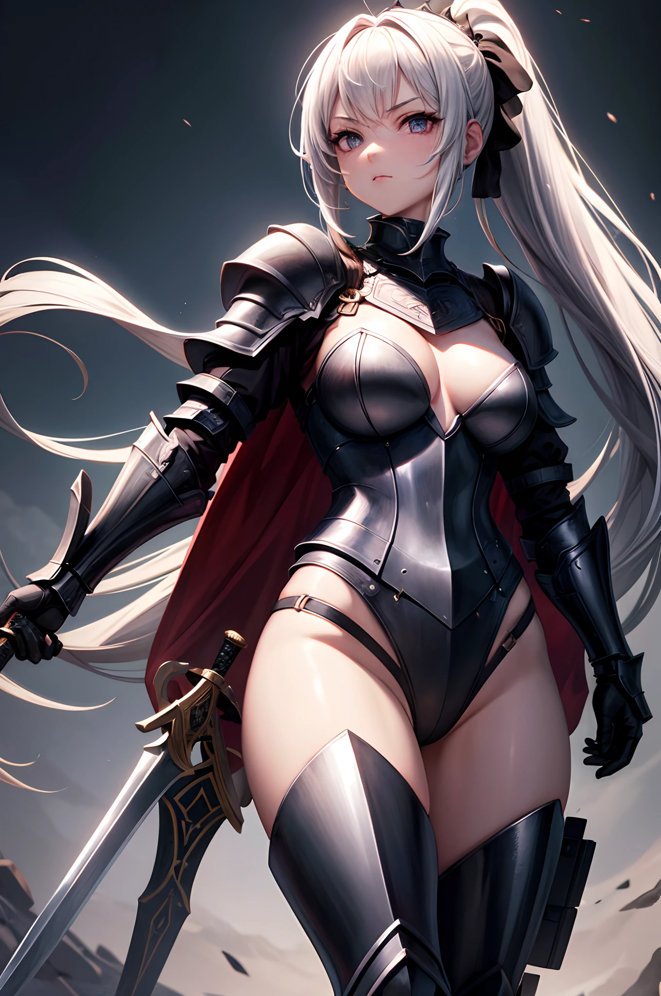 1girl, absurdres, high res, ultrasharp, 8K, masterpiece, looking at viewer, thighs, breasts, armored, long hair, ponytail, mask, sword, armor,