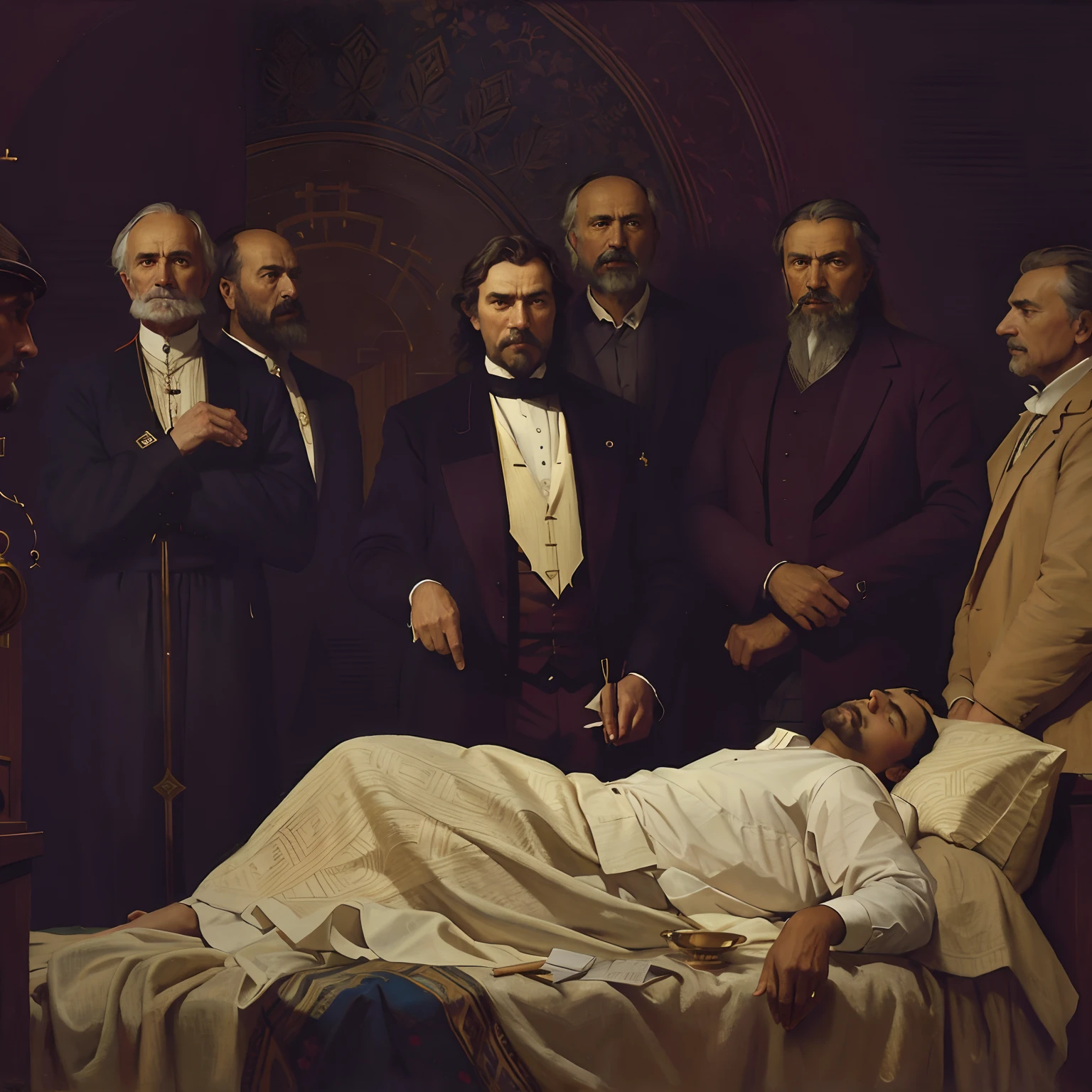 pintura de um homem deitado em uma cama com um grupo de homens ao seu redor, Davis, inspirado em Jens Ferdinand Willumsen, Igreja de Frederico e Vasily Perov, Ilya Repin e Andrei Tarkovsky, Beeple e Alphonse Mucha, Directed by: Jens Ferdinand Willumsen, Estilo Taras Shevchenko, Thomas Eakins e Beksinski