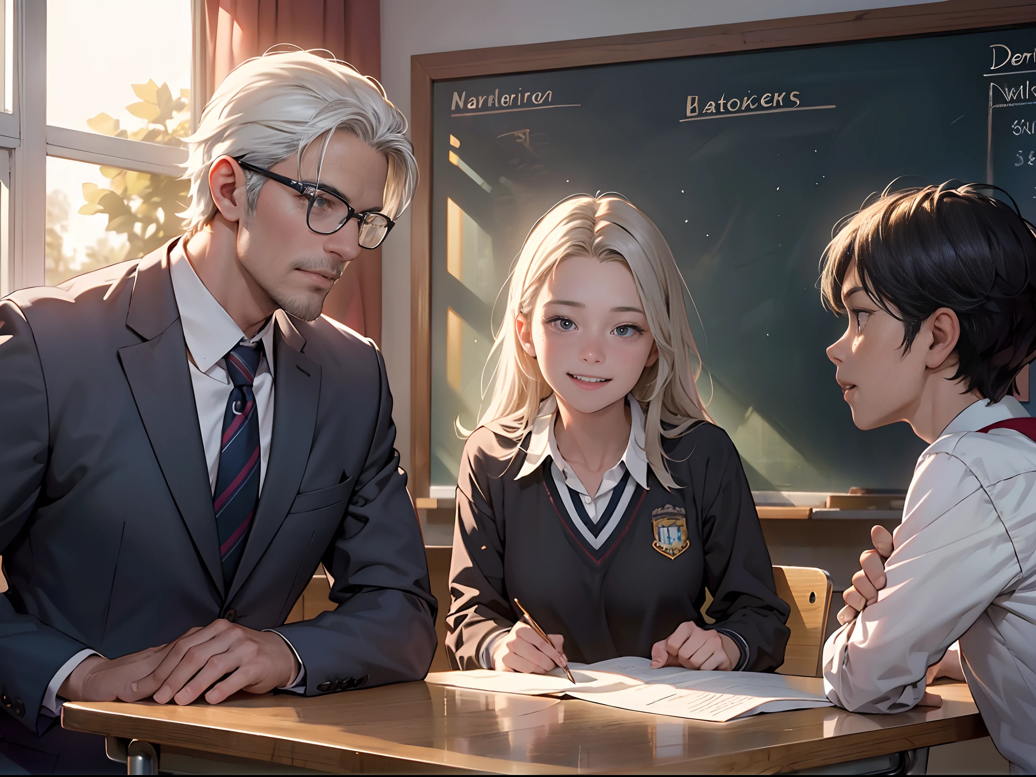 In bright classrooms，（An older male teacher discusses issues with two  in school uniform：1.5），Two schoolchildren quarrel witr，The teacher's face is full of the vicissitudes of time，Full of silver hair，Watch your classmates laugh happily，The blackboard behind him was full of formulas，Sunlight shines through the window on the teacher's face，((Best quality, A high resolution, Masterpiece:1.2)), Clear facial features, Optimized details,8K,cinematic Film still from.