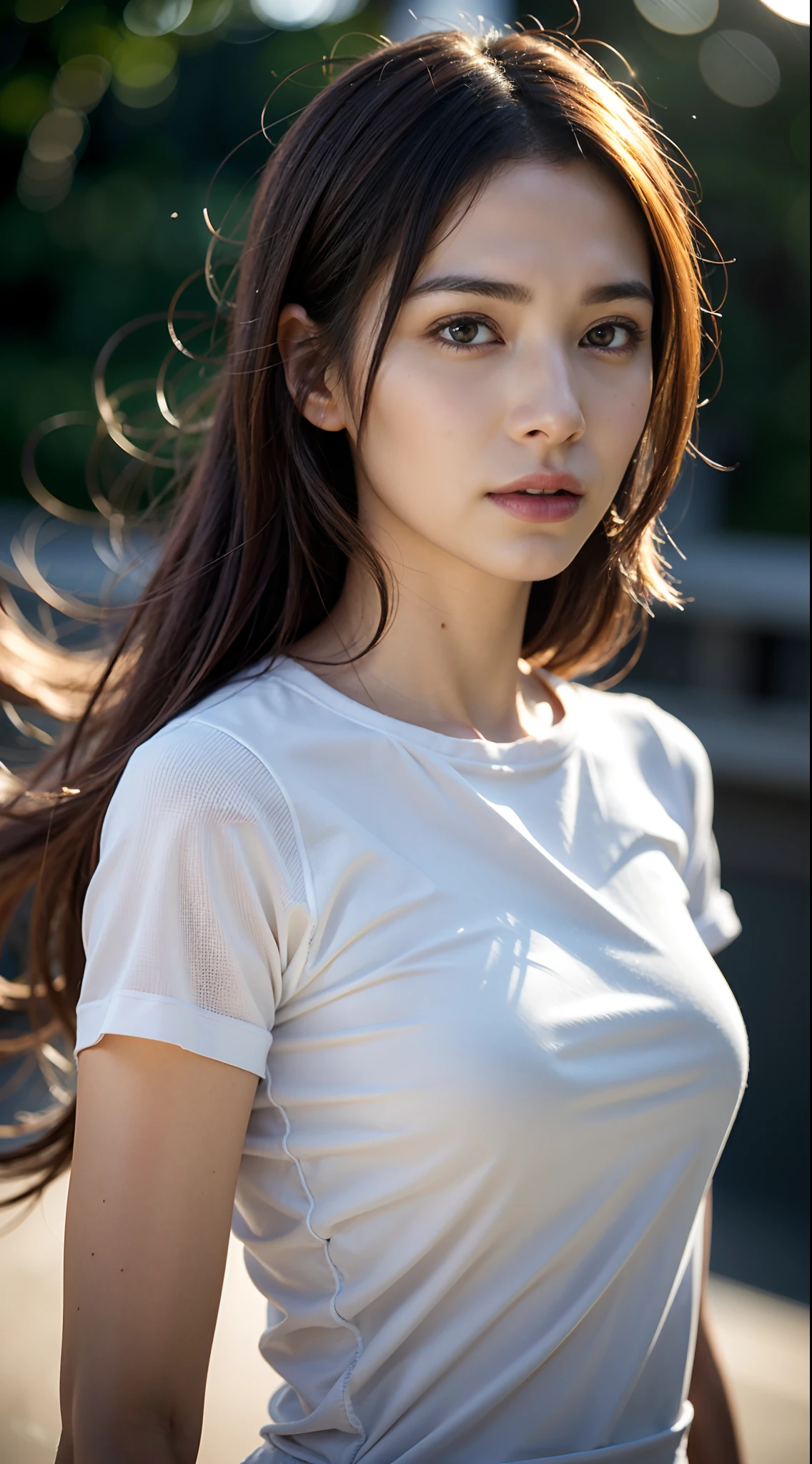 dressed, (photo realistic:1.4), (hyper realistic:1.4), (realistic:1.3), (smoother lighting:1.05), (increase cinematic lighting quality:0.9), 32K, 1girl,20yo girl, realistic lighting, backlighting, light on face, ray trace, (brightening light:1.2), (Increase quality:1.4), (best quality real texture skin:1.4), finely detailed eyes, finely detailed face, finely quality eyes, (tired and sleepy and satisfied:0.0), face closeup, t-shirts, (Increase body line mood:1.1), (Increase skin texture beauty:1.1)
