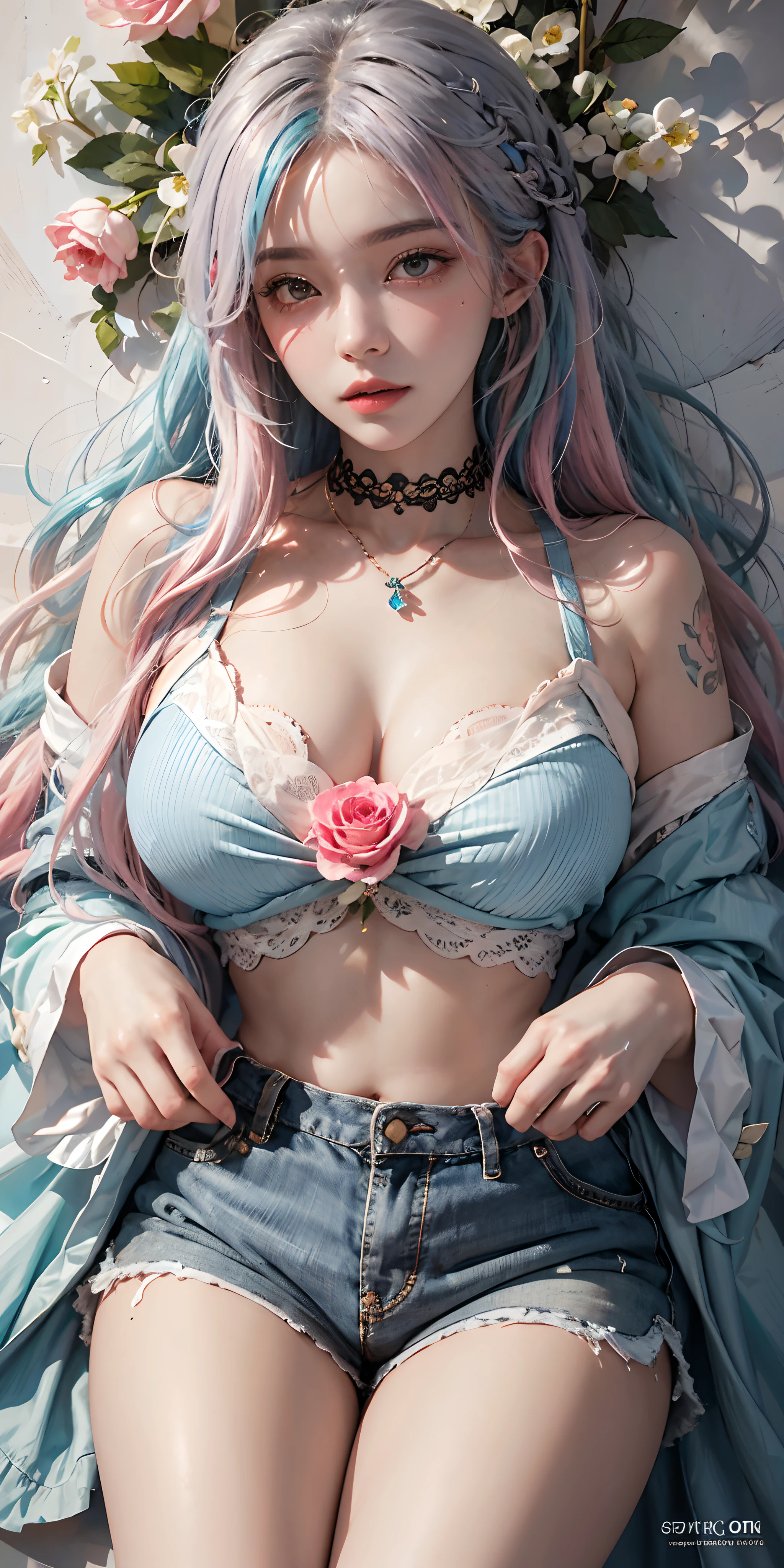 photorealistic, high resolution, soft light,1women, solo, hips up, shining skin, (detailed face),tattoo, jewelry, (rainbow color Hair,colorful hair,half blue and half pink hair:1.2), white_skirt, high-waist_shorts, outfit ,roses,(dynamic angle:1.1),vivid,Soft and warm color palette, delicate brushwork, evocative use of light and shadow, wide shot,subtle details in the wilting flowers,high contrast,color contrast,