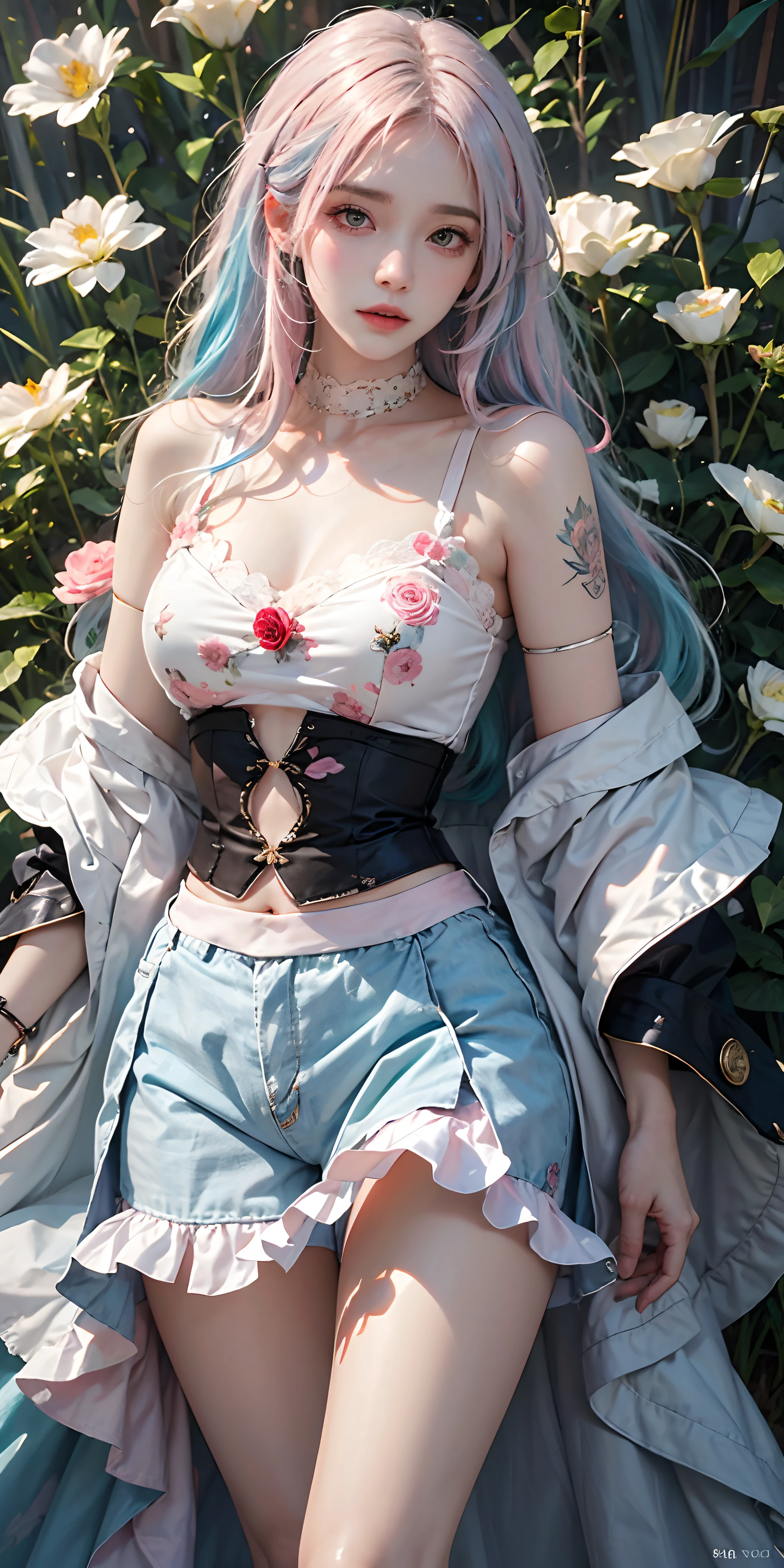 photorealistic, high resolution, soft light,1women, solo, hips up, shining skin, (detailed face),tattoo, jewelry, (rainbow color Hair,colorful hair,half blue and half pink hair:1.2), white_skirt, high-waist_shorts, outfit ,roses,(dynamic angle:1.1),vivid,Soft and warm color palette, delicate brushwork, evocative use of light and shadow, wide shot,subtle details in the wilting flowers,high contrast,color contrast,