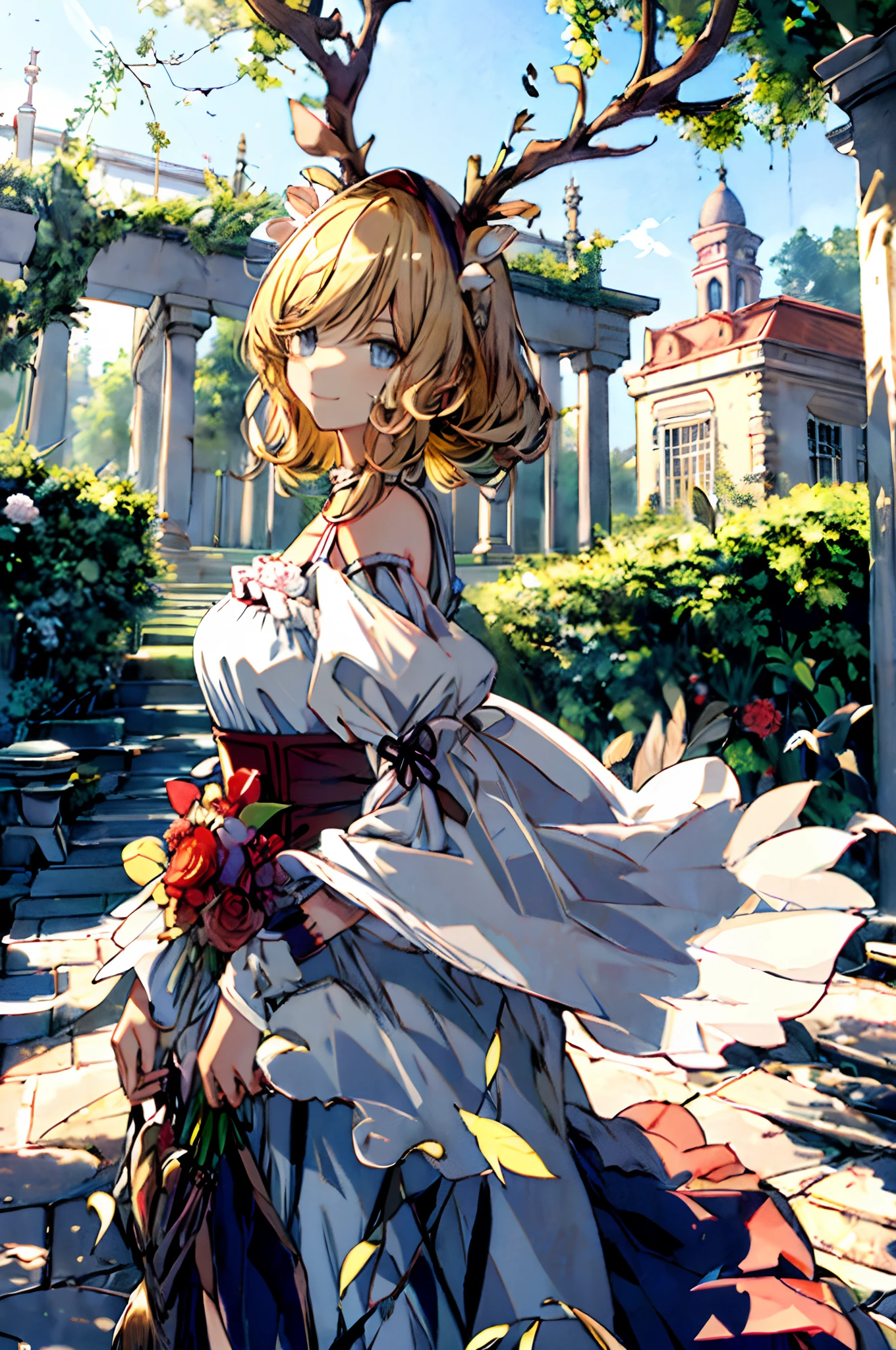 (tmasterpiece、top-quality、illustratio、Extremely high quality、high-level image quality、Extremely sensitive writing)Blonde girl standing in beautiful garden、A slight smile、She has a large bouquet、Cute national costume style dress，There are ruffles on the shoulders、Hair fluttering in the wind