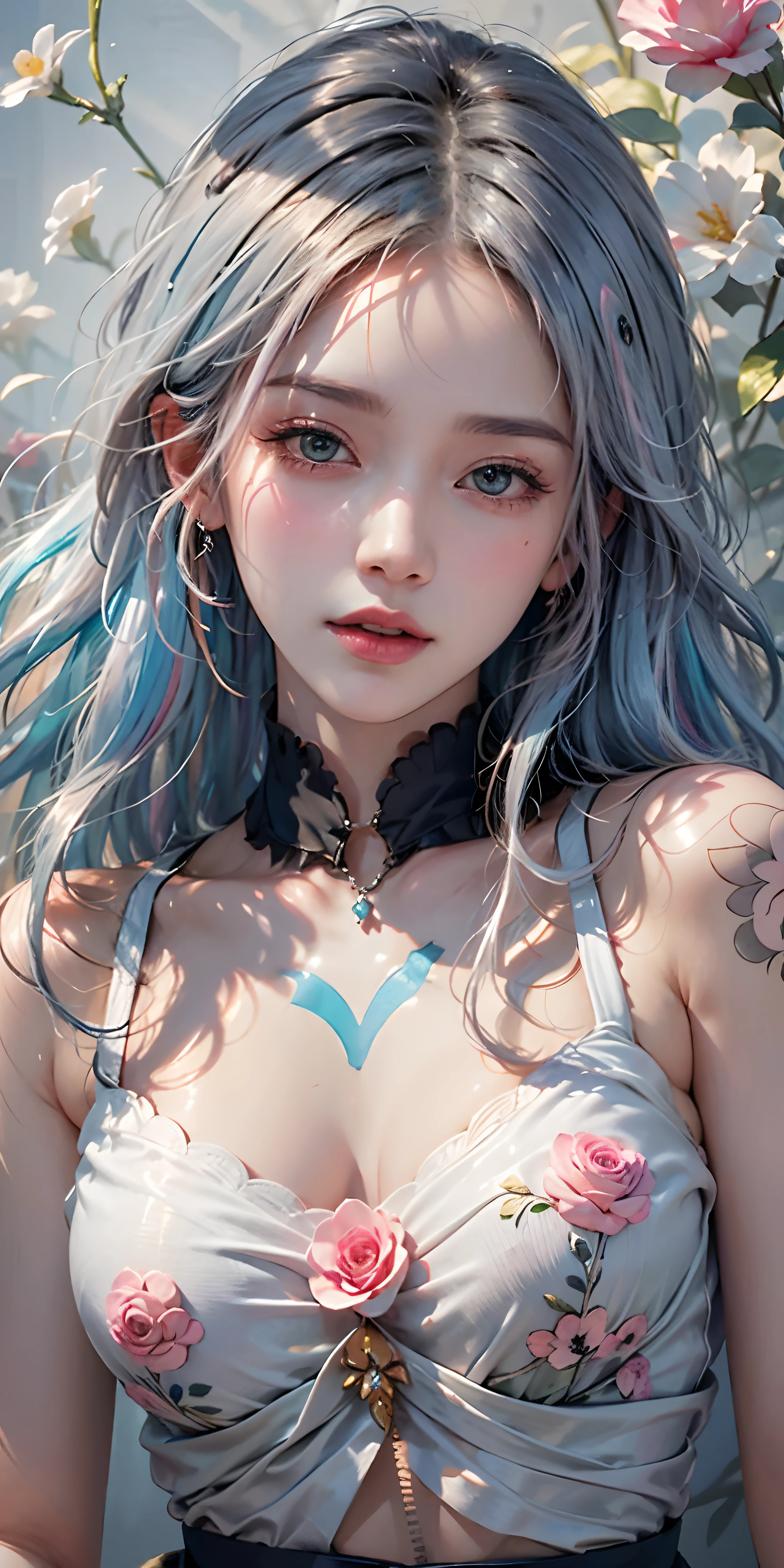 Light blue and pink color scheme,Sexy girl nipple,little body,Petite,White curly hair