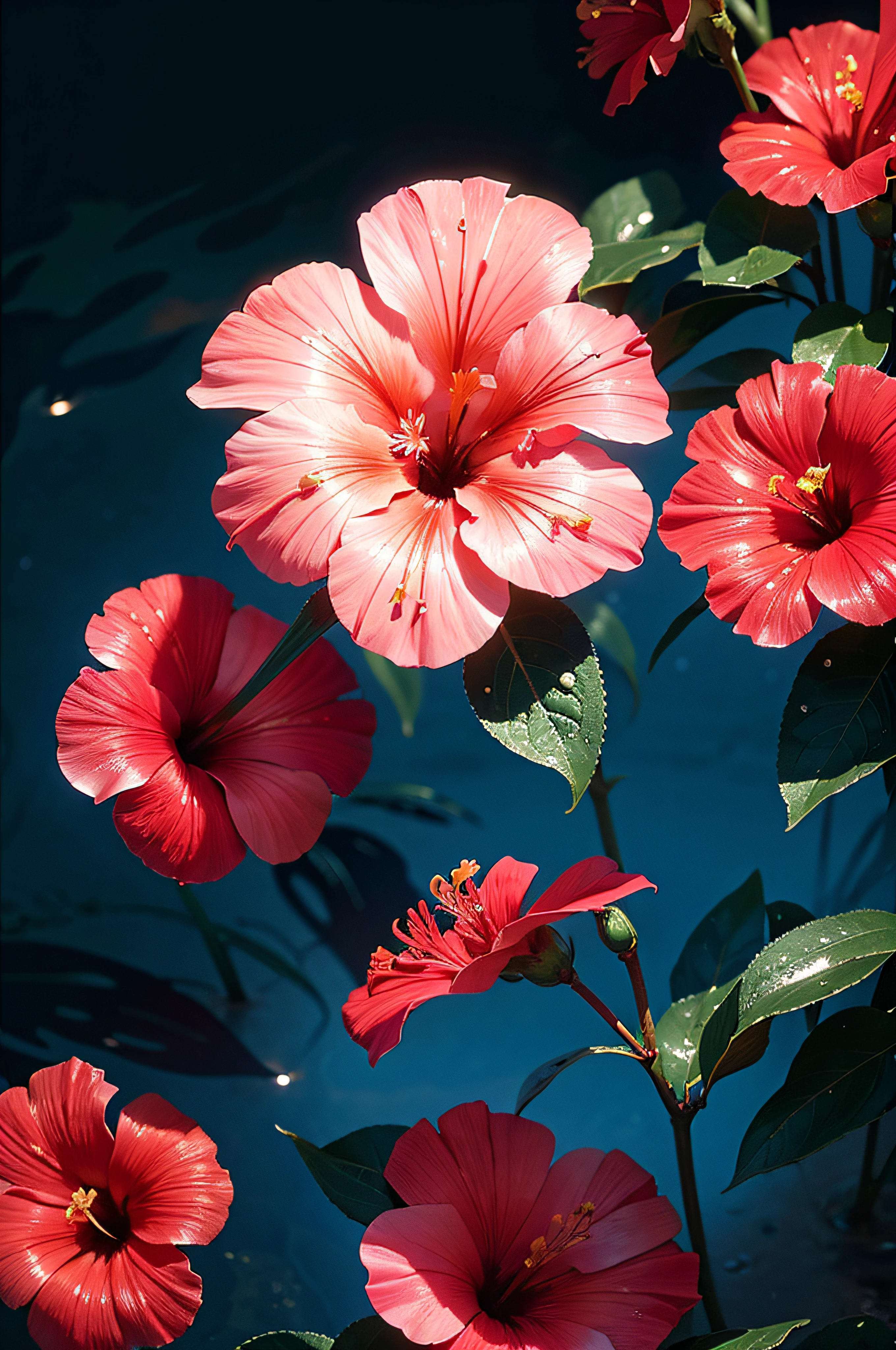 hibiscus Moon with water drops,neon glow, random background, sun rise, bokha mood