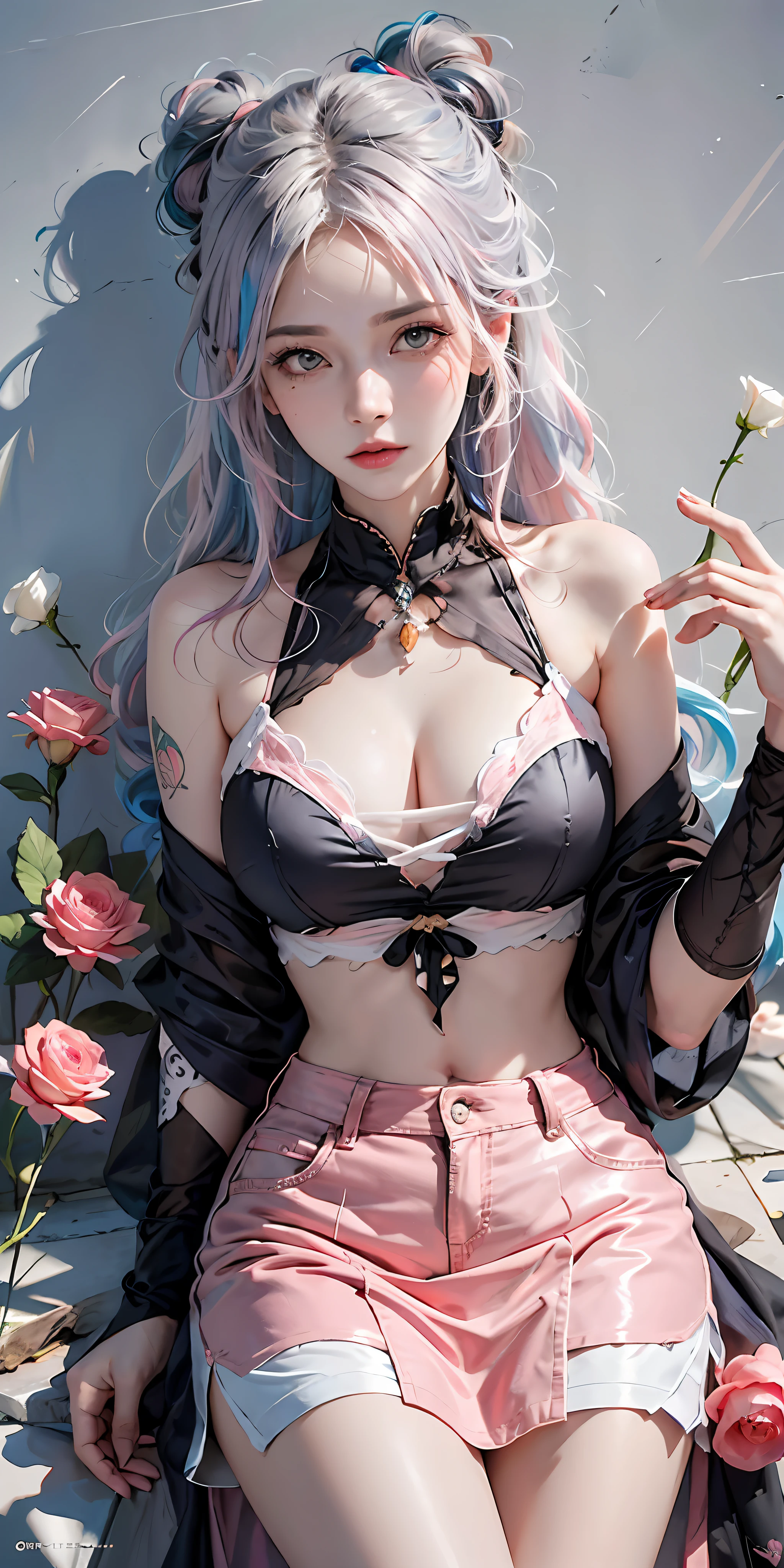 photorealistic, high resolution, soft light,1women, solo, hips up, shining skin, (detailed face),tattoo, jewelry, (rainbow color Hair,colorful hair,half blue and half pink hair:1.2), white_skirt, high-waist_shorts, outfit ,roses,(dynamic angle:1.1),vivid,Soft and warm color palette, delicate brushwork, evocative use of light and shadow, wide shot,subtle details in the wilting flowers,high contrast,color contrast,