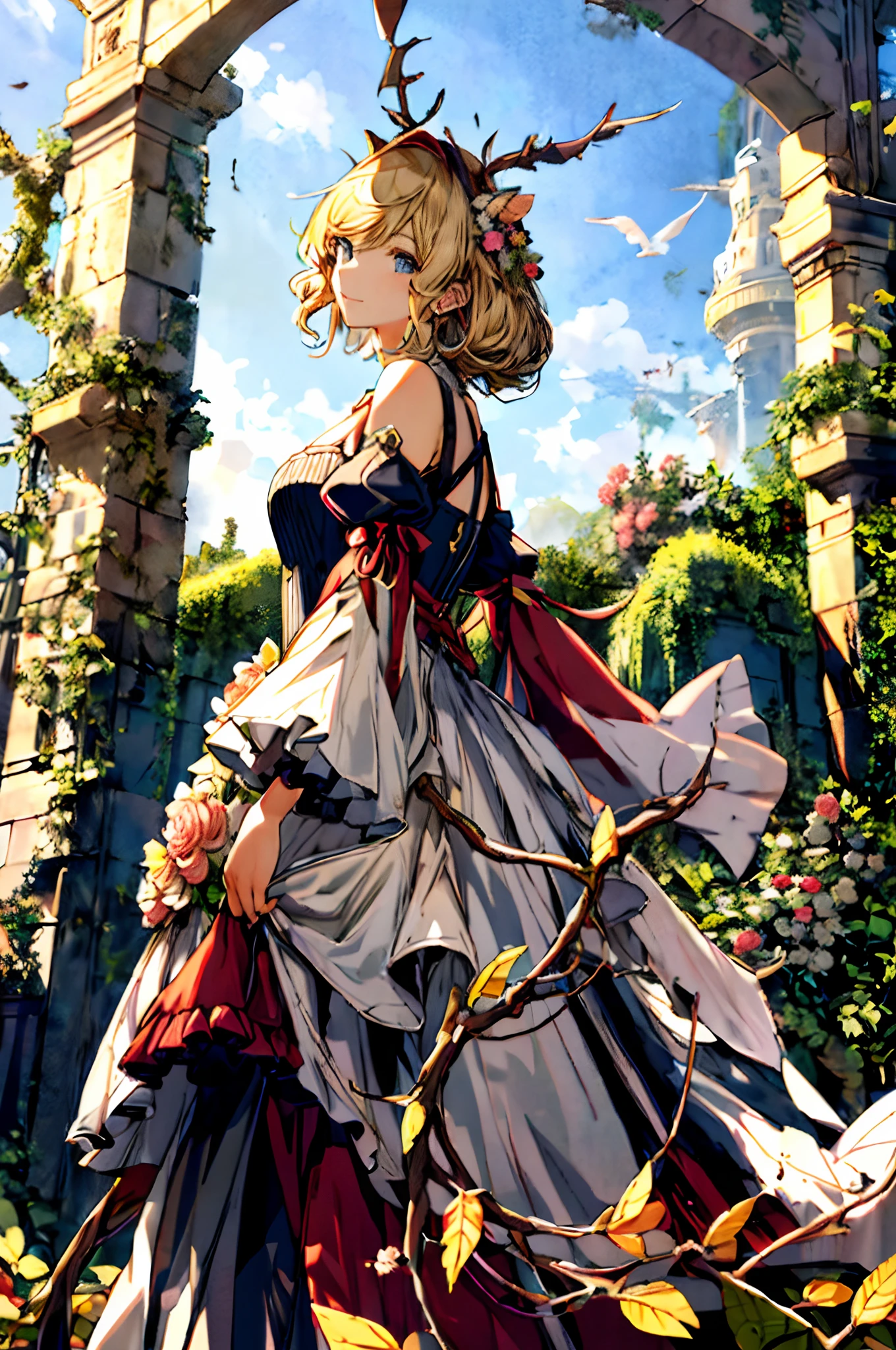 Anime girl in a dress with a sword and flowers - SeaArt AI