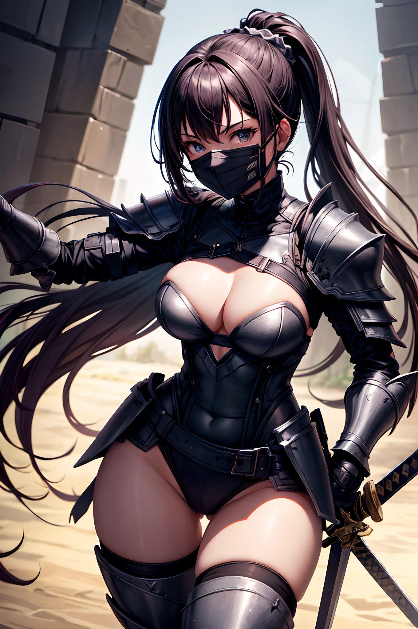 1girl, absurdres, high res, ultrasharp, 8K, masterpiece, looking at viewer, thighs, breasts, armored, long hair, ponytail, mask, sword, armor, cyperpunk