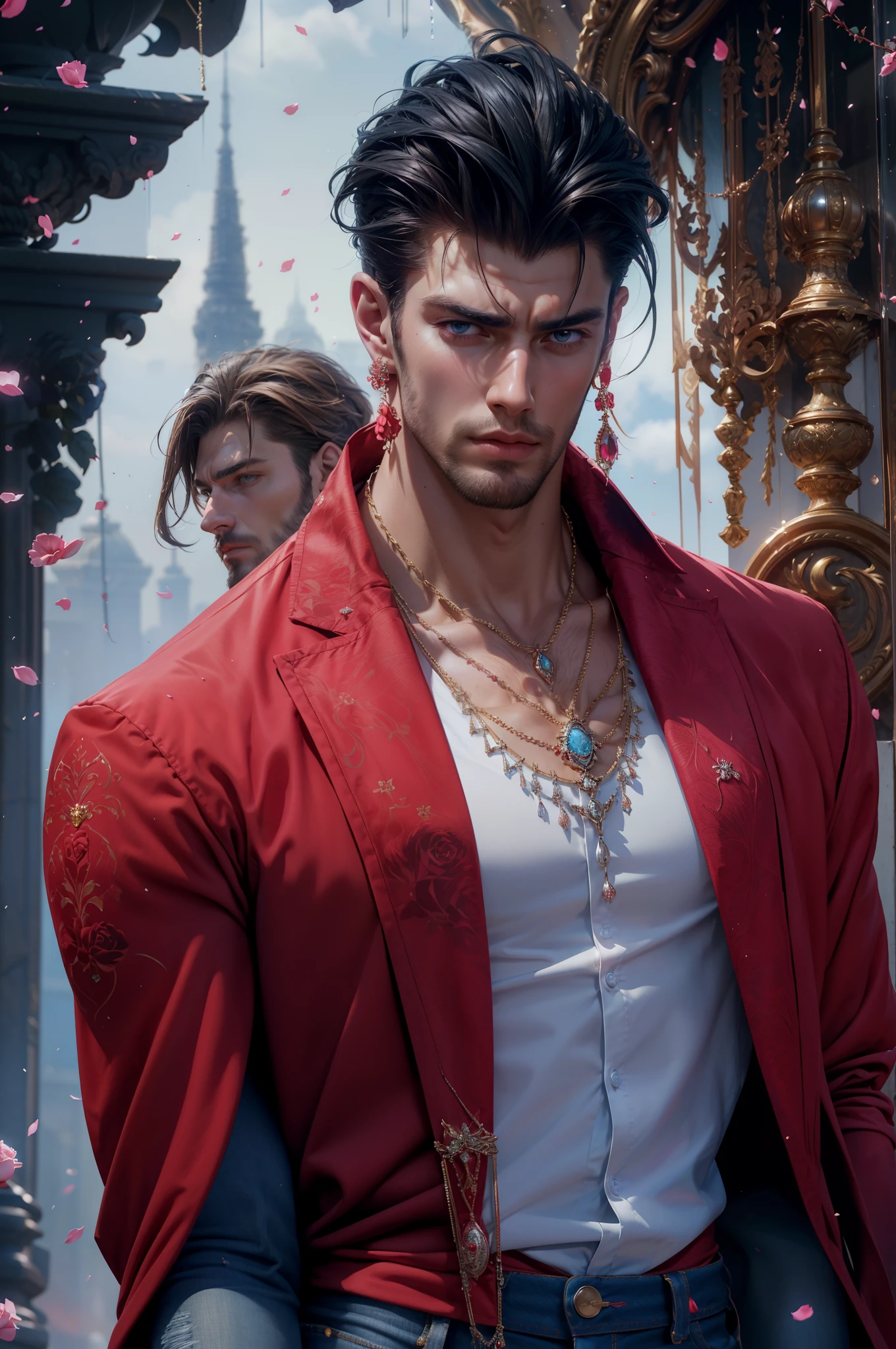 A man in a red jacket and jeans standing next to a clock - SeaArt AI