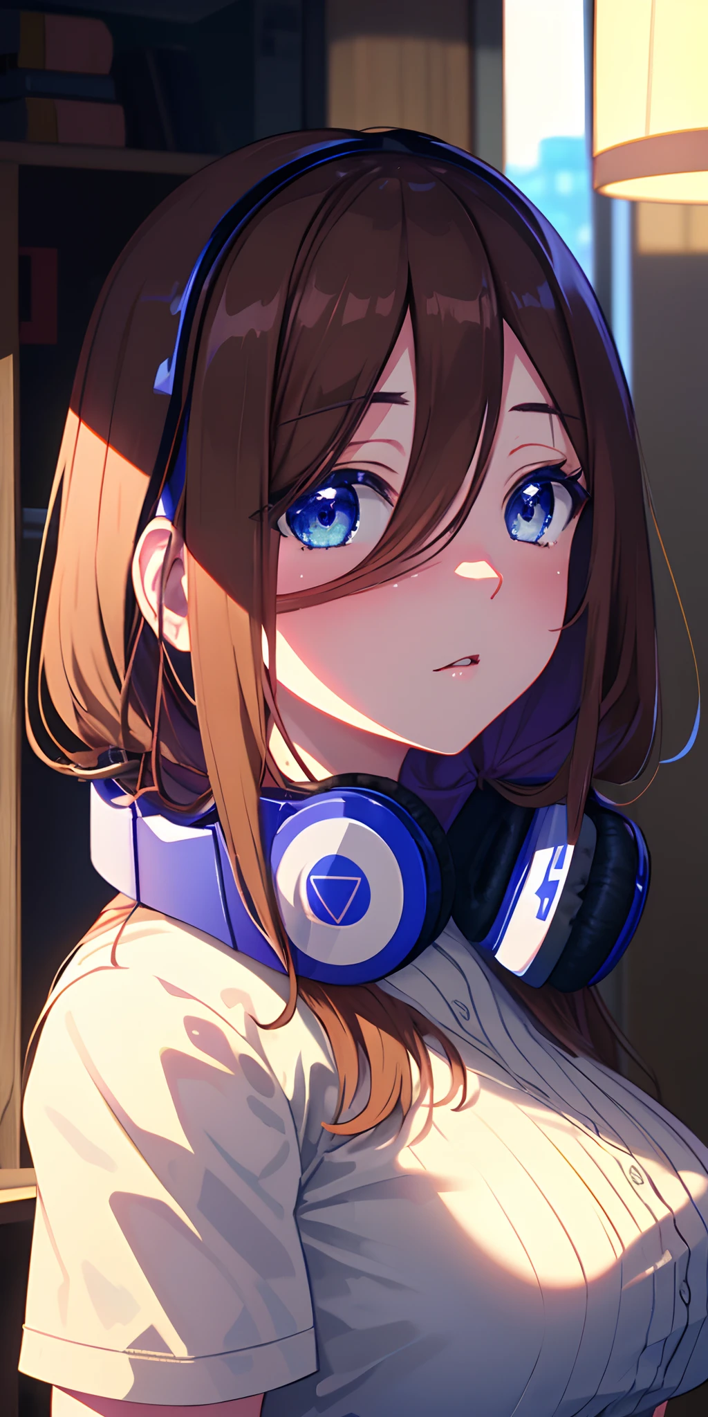 masutepiece, Best Quality, (Very detailed CG Unity 8K wallpaper) (Best Quality), (Best Illustration), (Best Shadows), Miku Nakano, Miku, Brown hair, Blue eyes, headphones, uniform, Indoors, Beautiful detailed eyes