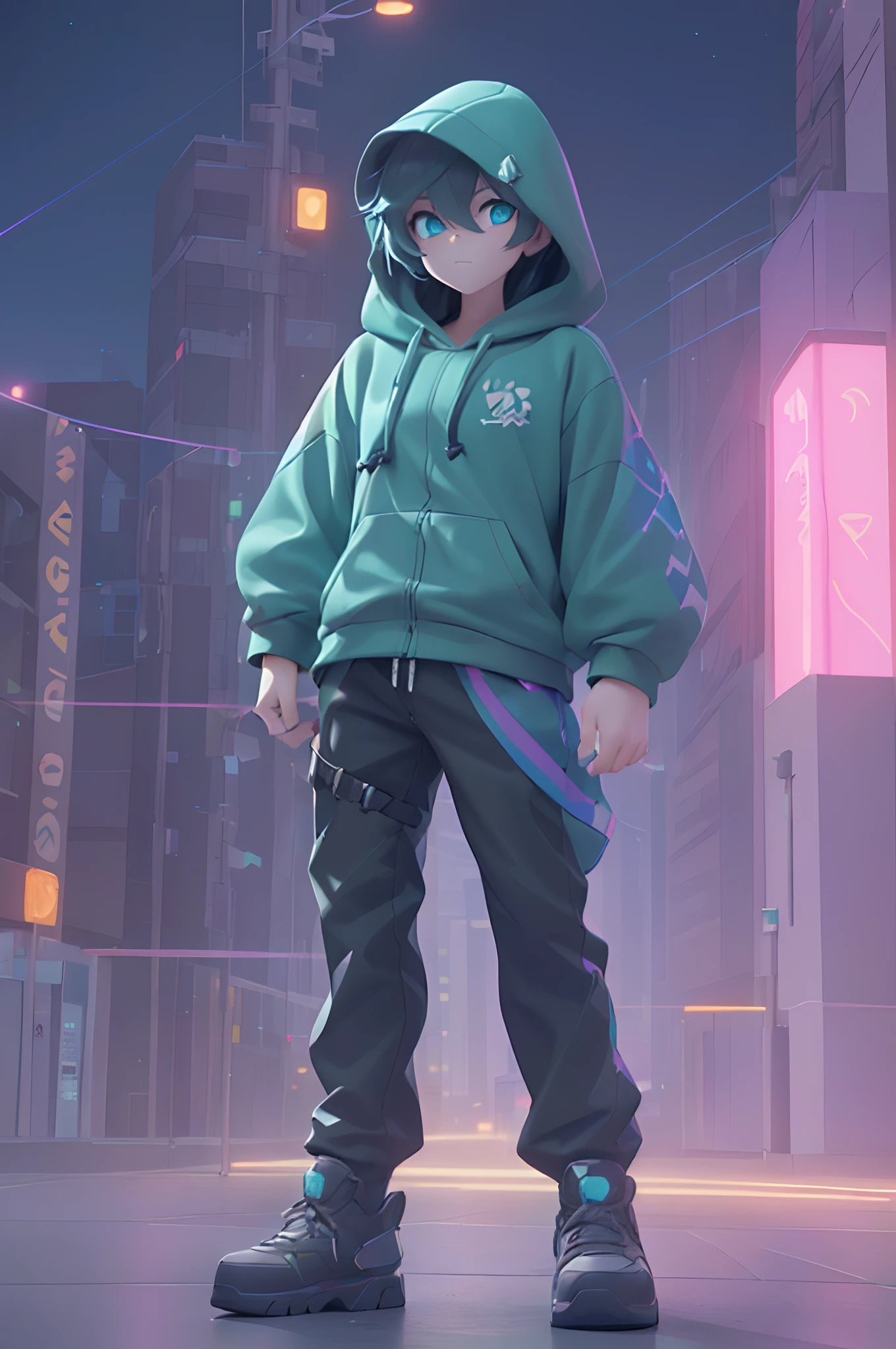(Dynamic Angle:1.4), ((Full body posing:1.5), (Colorful:1.2), (Highly detailed CG Unity 16K wallpaper:1.1), (Denoising strength: 1.45), (tmasterpiece:1.37), ((Official art)), of the highest quality, (Realistic), Cyberboy,Deformed Character, (Short-cut hair:1.2),(Hooded clothing:1.5),Black hair,Glowing eyes,(blue eyess:1.2),((Poses in motion:1.4)),((Wearing a hood:1.3)),wires, (LED:1.3), (a hologram:1.2), futuristic city street, Neon light, Skyscrapers, (Night:1.2), (Rainbow Model:1.2), 8K resolution, (Anime style:1.3), Cinematic lighting, chromatic abberation, spark of light, Ray tracing, blending, ultra wide-angle,  Hasselblad, (masutepiece), (masutepiece), ((Best Quality)), ((masutepiece)), nffsw