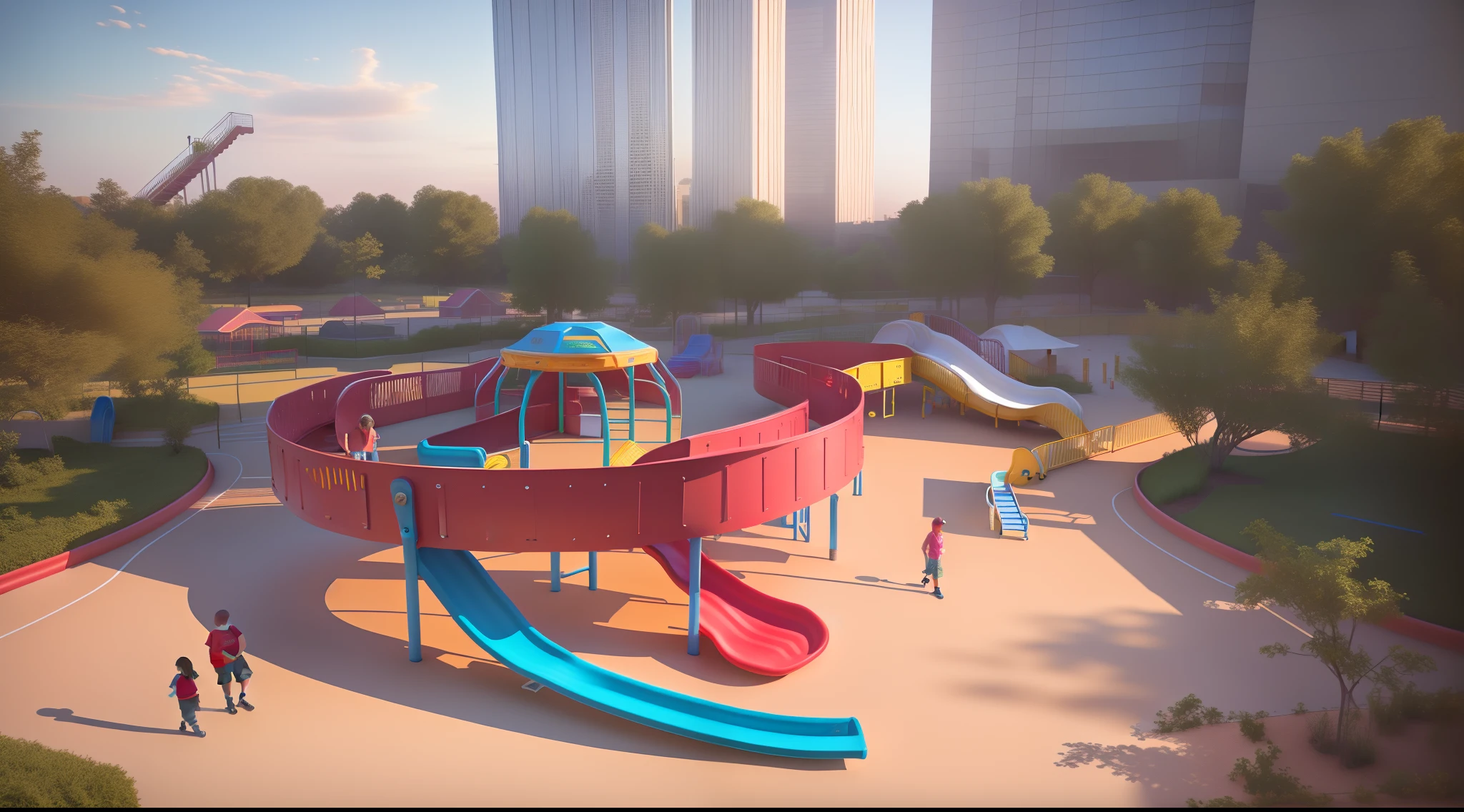 Playground rendering with slides and slides in the middle, children playground, urban playground, playground, amusement park interior design, 3D scene, 3d scene, complex 3 d render, Complex 3 D rendering, 15081959 21121991 01012000 4K