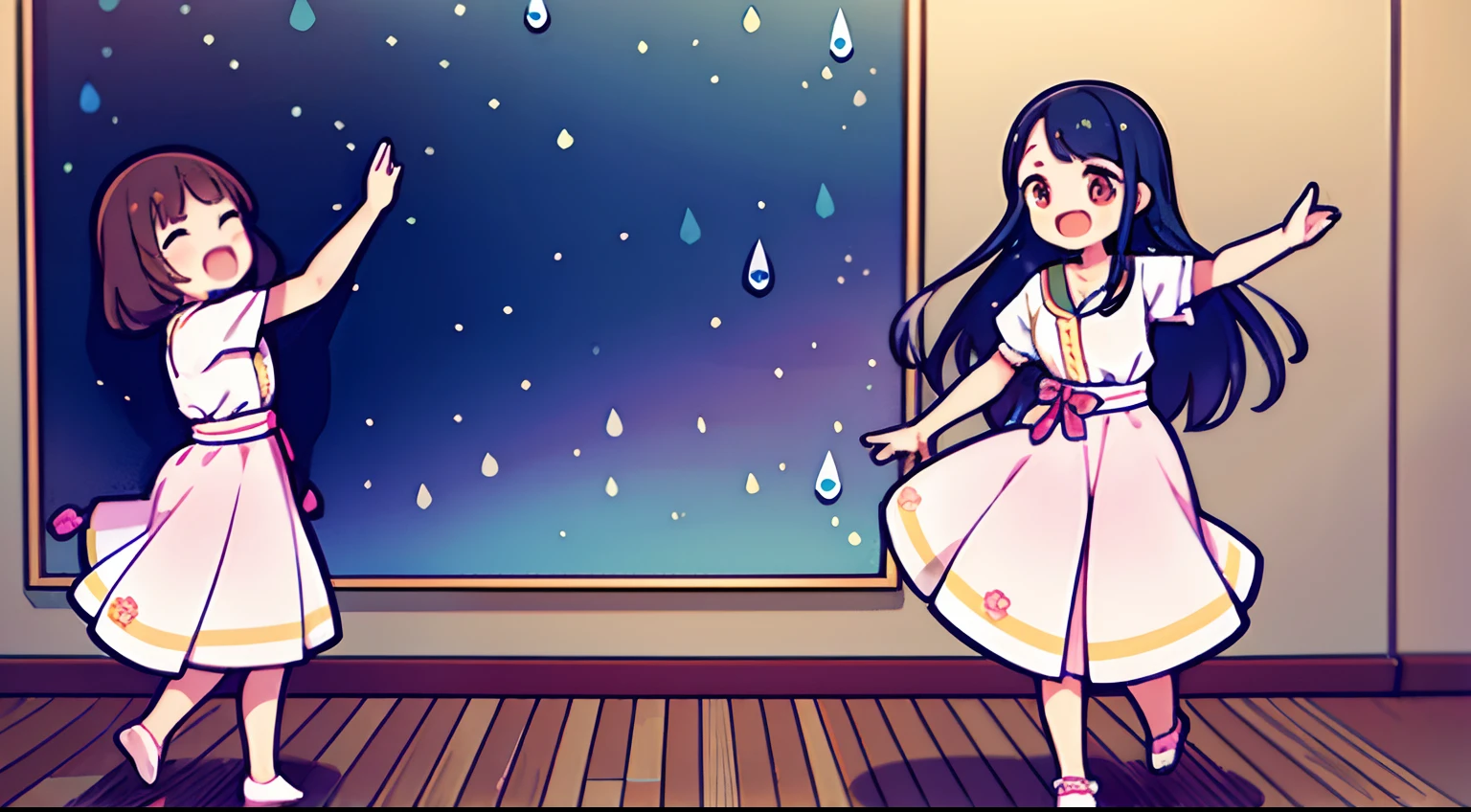 Two girls standing in front of a painting、laugh face、Water droplets on the cheeks、Dance Practice、Revolutions、bustup、Eye Up、Flowing iridescent silk、Hibiscus petals