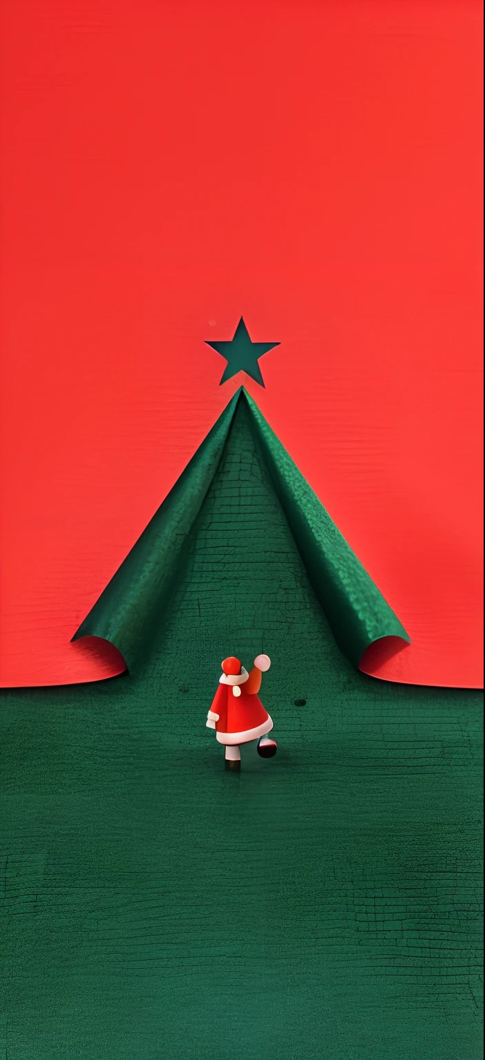 In front of the Christmas tree stands a small toy Santa Claus, festivity, Christmas, Christmas tree, illustration!, santa, santa, stop-motion, ilustration, Holiday, Red flag holidays, stop-motion, inspired by Ernest William Christmas, author:Andrew Wroblewski, santa, author:Elaine Hamilton, Extremely high quality