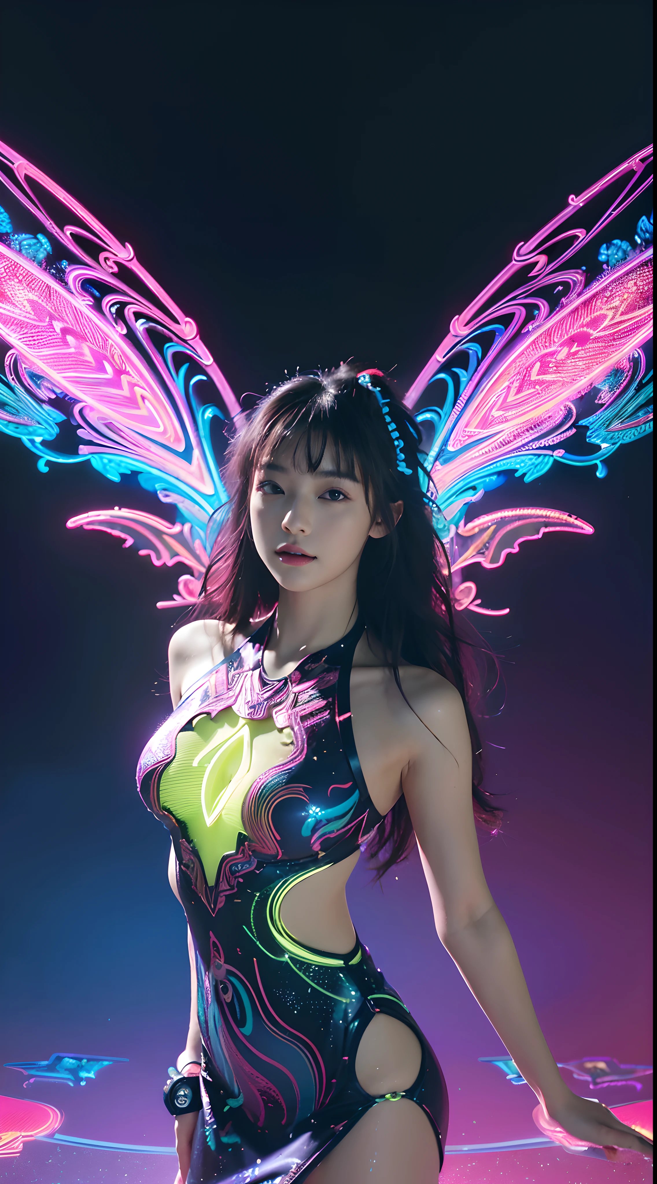 (Masterpiece, Top quality, Best quality, offcial art, Beautiful and aesthetic:1.2), (1girll:1.3), Extremely detailed,(Fractal art:1.2),Colorful,highest details,( Zen neon:1.2), (Dynamic pose), (Abstract background neon lights:1.5), (Trident dress:1.2), (Shiny skin), (many color:1.4), Upper body ,neonlight,16k,Full-HD