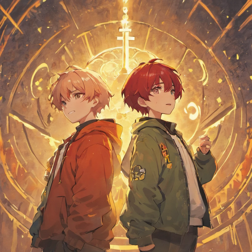 Wearing a mushroom cap、Two boys、twinks、man with white hair、Man with red hair、Cross your shoulders、Have a game controller、A smile、parka、video game、high-level image quality、Yellow background