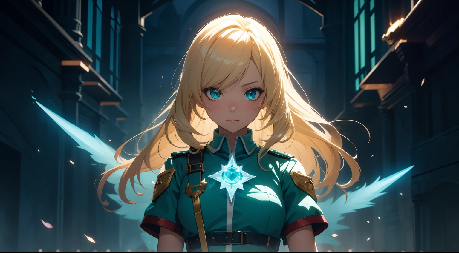 anime girl, blonde hair, fantasy, dagger, magic, teal, glowing, epic lighting, medic, healer, long hair, details, ruins