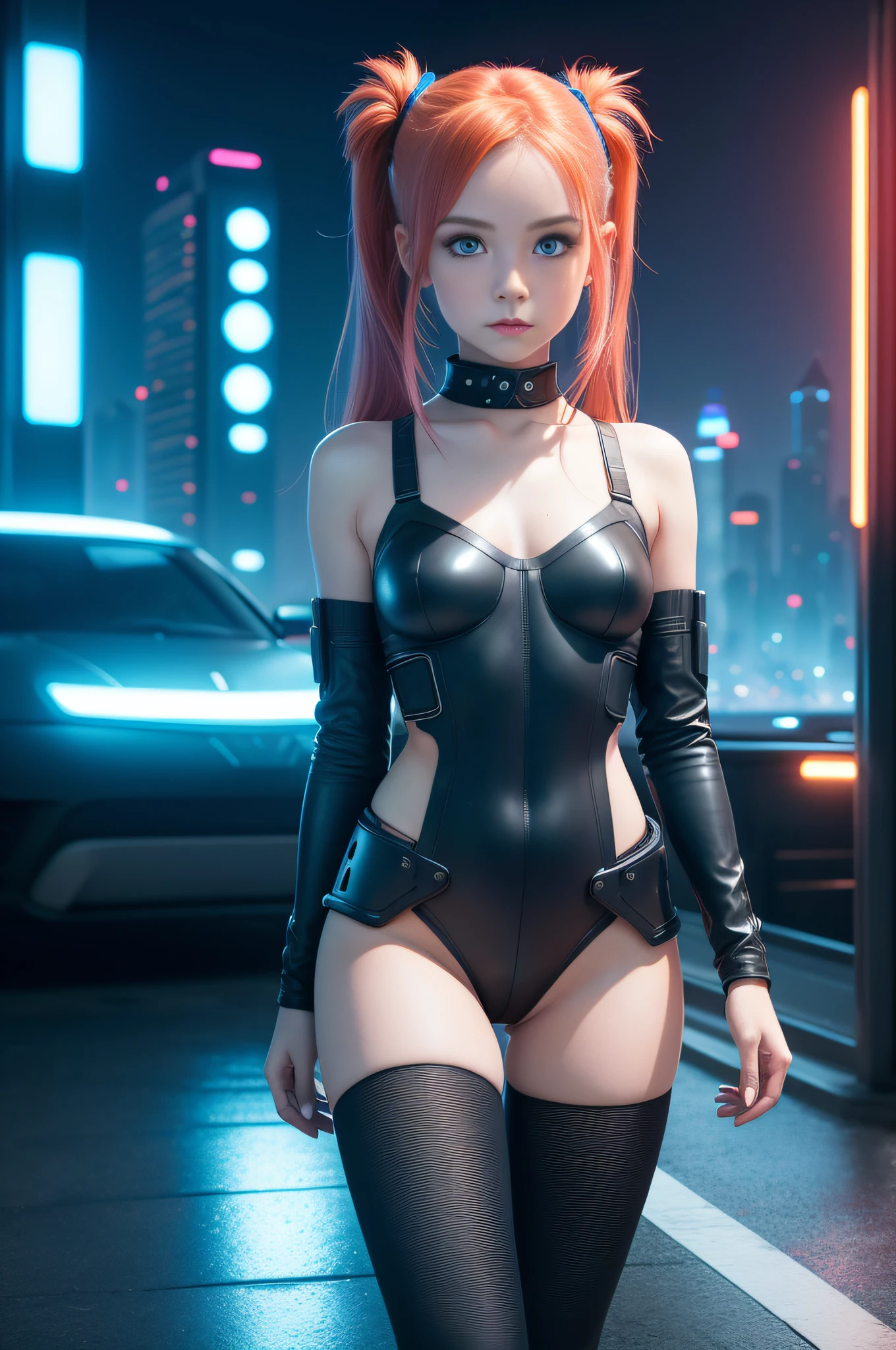 1 girl, solo, (nsfw), cute redhead 18-year-old girl in twin tails, ((perfect female body)), (cute face make up), multiple (rainbow colored hair: 1.2), (beautiful detailed blue eyes: 1.6), (photo realistic eyes: 1.6), happy, Ukrainian, (petite body), ((small hips)), pale white skin, (mini skirt and tube top), (matte pantyhose: 1.6), (("TRON LEGACY futuristic city" style background)), (night time:1.2), photo realistic.