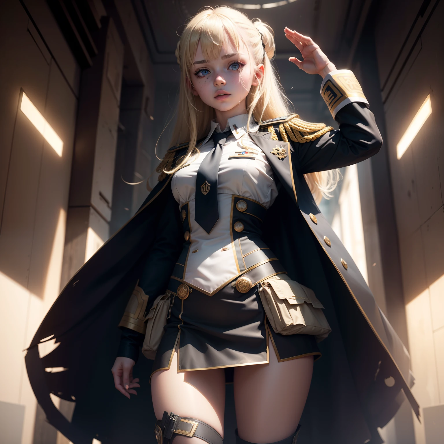 Ukrainian girl saluting soldiers , Ukrainian anime girls , , Ukraine ,  Full body composition of young girl with messy bright blonde hair, eye make up, 13 year old,  Soft lighting, Solo, Old torn dirty shabby futuristic military uniform, badges, Pose, Blotch color, Octane Render, Hyperrealistic intricate detail, Cinematic, 8K resolution, 70mm, Accent Lighting, Global Illumination, Full body portrait, clean detailed faces, intricate clothing, Cute face, flat chest, Slim waist, Slim legs, small hips,Clothing of the general,The generals have,Wearing a tie,