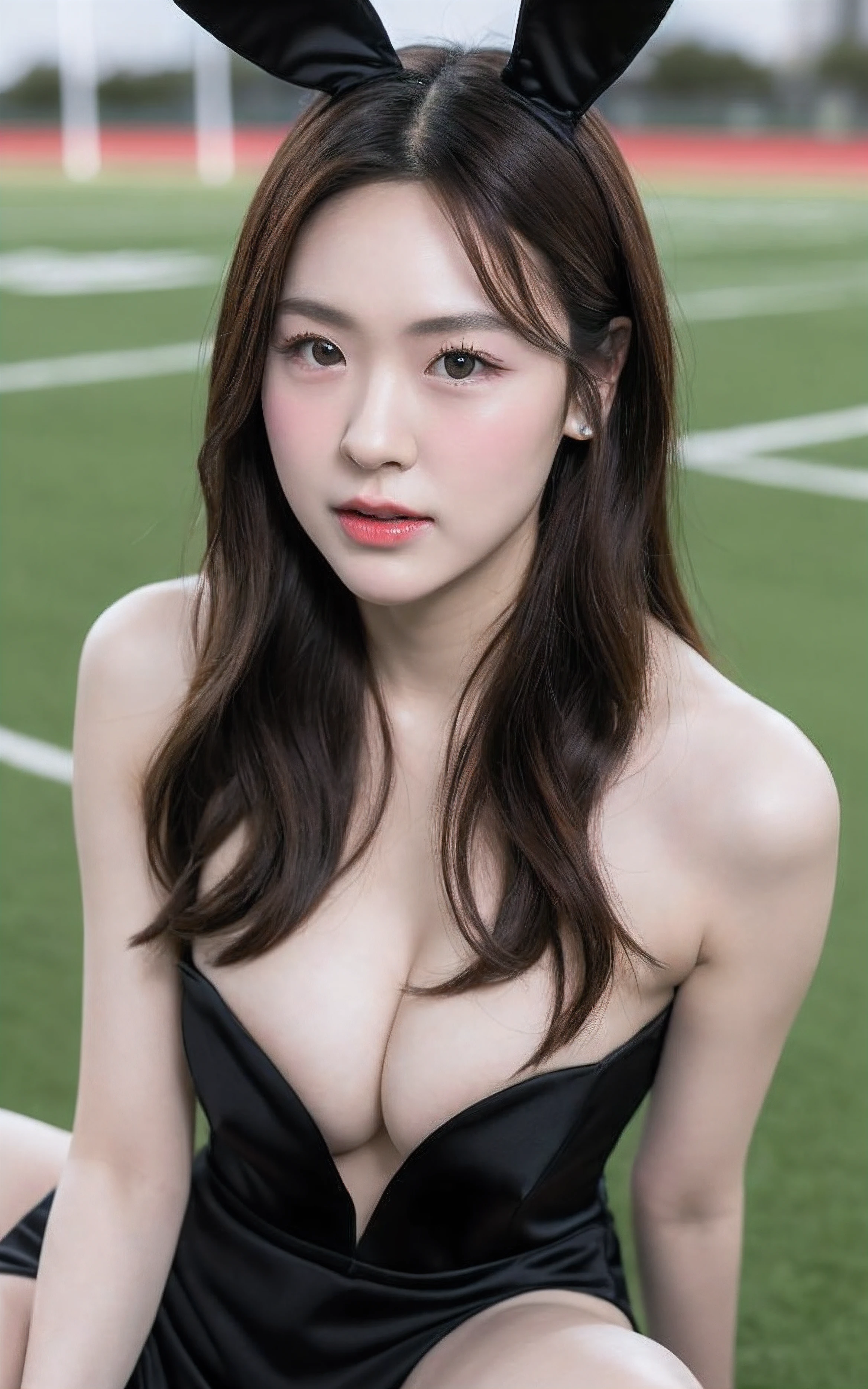 Highly detailed CG Unity 8K wallpaper, With the highest quality, super detailed, Master Piece, Realistic, photograph realistic, extremely detailed cute girl, 25 years old, (sexy black bunny girl costume), black bunny girl, blush , Round eyes, small breasts , cleavage, looking viewer, Half body shot , on the football field, (Dynamic Pose) , (nsfw:1.4), hard nudity