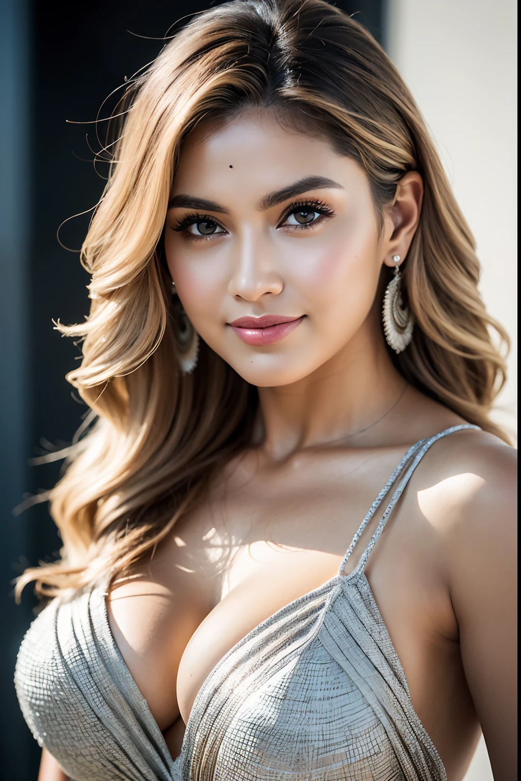 (one standing Clarisa Rita (looking at camera)), (Realisitc:1.5), 25 years old, breathtaking beauty, natural beauty, delicate face, beautiful eyes, (long wavy (dark shiny blonde hair: 1.5)), (high posture: 1.5), (athletic body), ((medium breasts: 0.8)), cleavage, (Small and beautiful hard nipple), full smile expression face, extremely detailed, brown eyes, (highly detailed skin:1.1), textured skin, subsurface scattering, (sharp focus), amazing fine detail, (cinematic:1.3), (dynamic lighting), intricate details, rich colors, lifelike texture, dynamic composition, modern outdoors, bright daylight, indonesian-latina with blonde hair, portrait photo