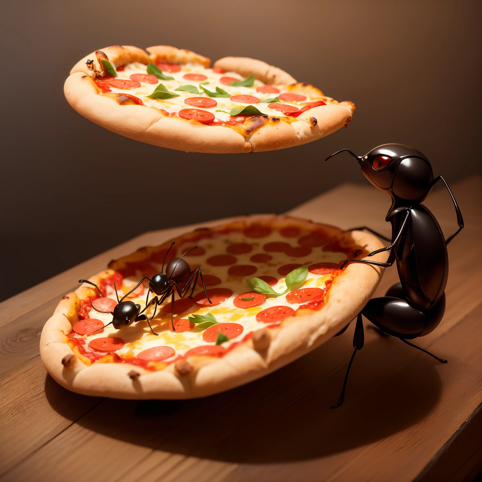 an ant carrying a pizza